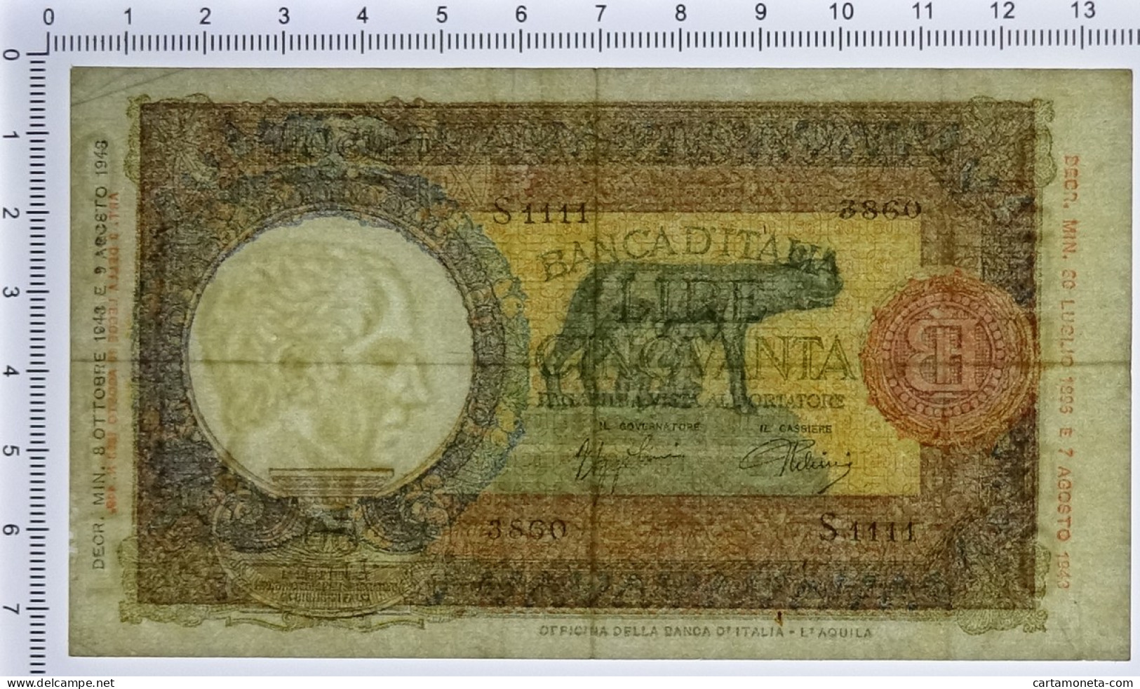 50 LIRE CAPRANESI LUPA CAPITOLINA MARG. STRETTO RETRO BI RSI 08/10/1943 BB+ - Otros