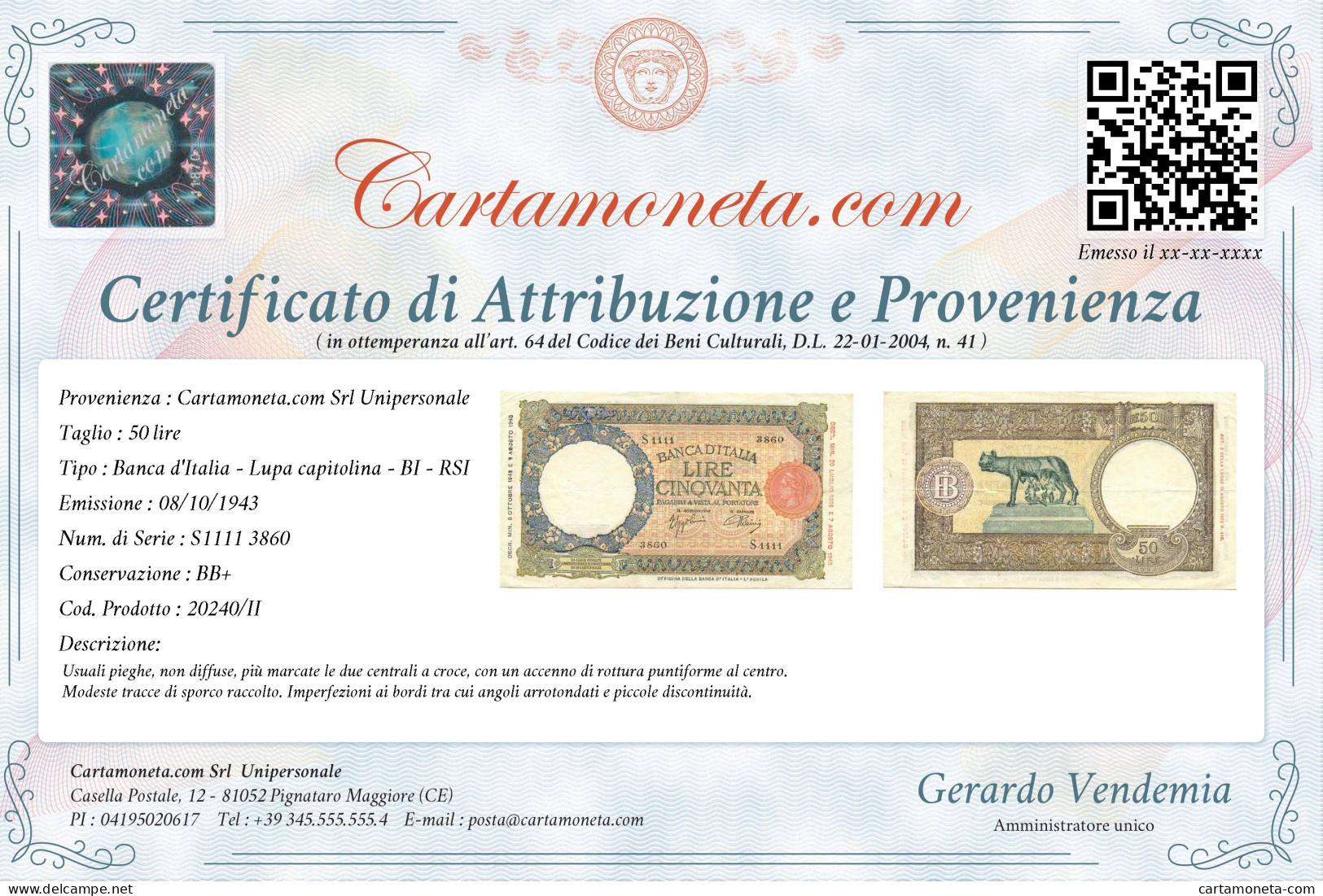 50 LIRE CAPRANESI LUPA CAPITOLINA MARG. STRETTO RETRO BI RSI 08/10/1943 BB+ - Regno D'Italia – Other