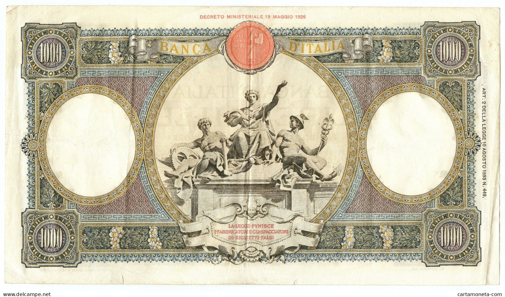1000 LIRE CAPRANESI REPUBBLICHE MARINARE REGINE FASCIO ROMA 21/03/1934 BB/BB+ - Regno D'Italia – Other