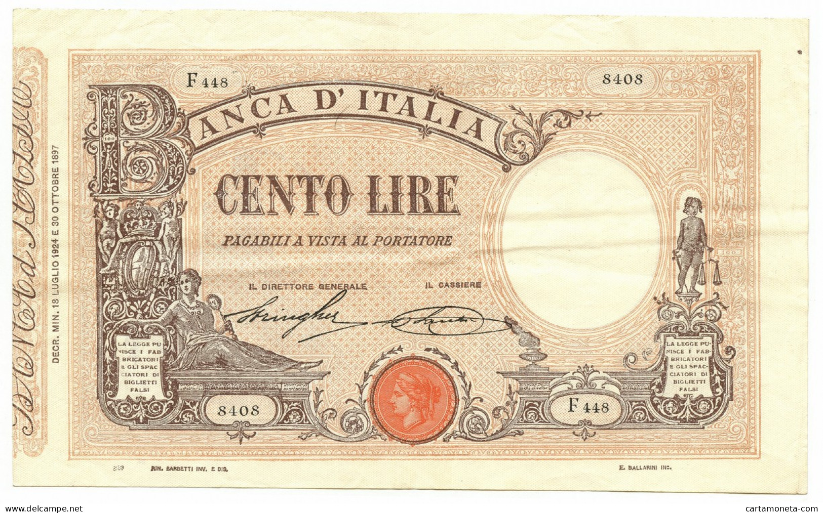 100 LIRE BARBETTI GRANDE B MATRICE LATERALE TESTINA DECRETO 18/07/1924 SPL- - Andere