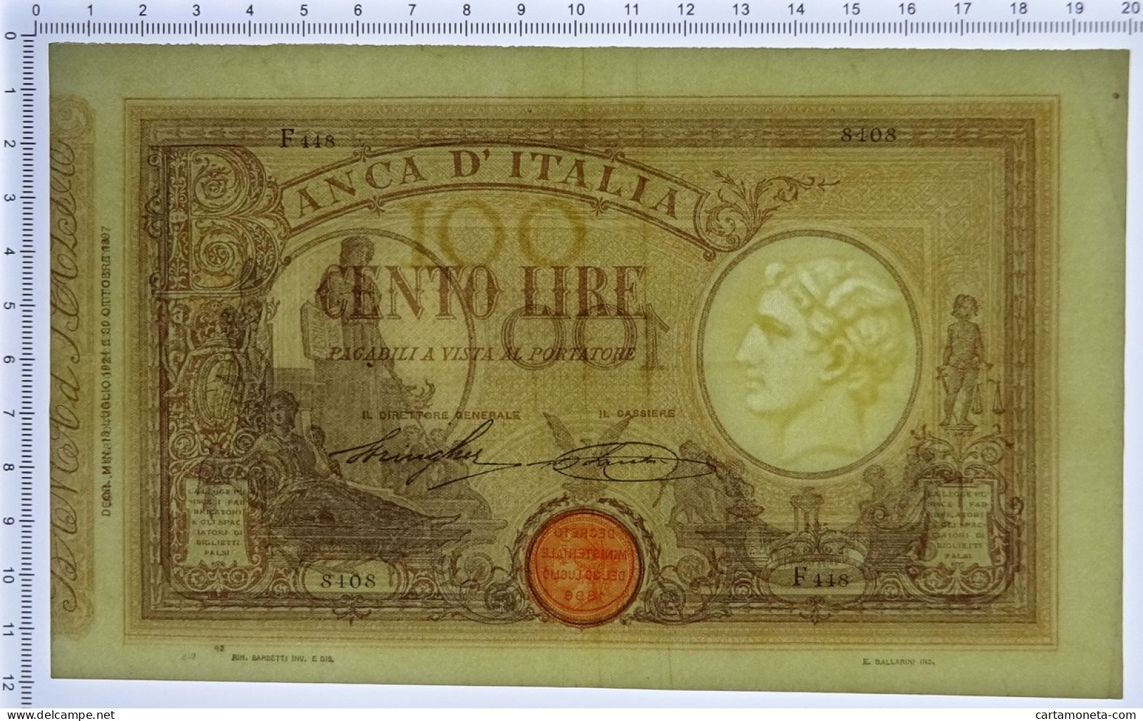 100 LIRE BARBETTI GRANDE B MATRICE LATERALE TESTINA DECRETO 18/07/1924 SPL- - Otros