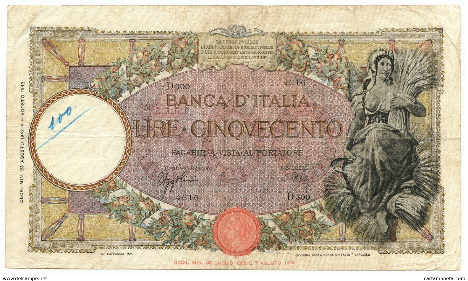 500 LIRE CAPRANESI MIETITRICE TESTINA BI L'AQUILA 23/08/1943 QBB - Regno D'Italia – Autres