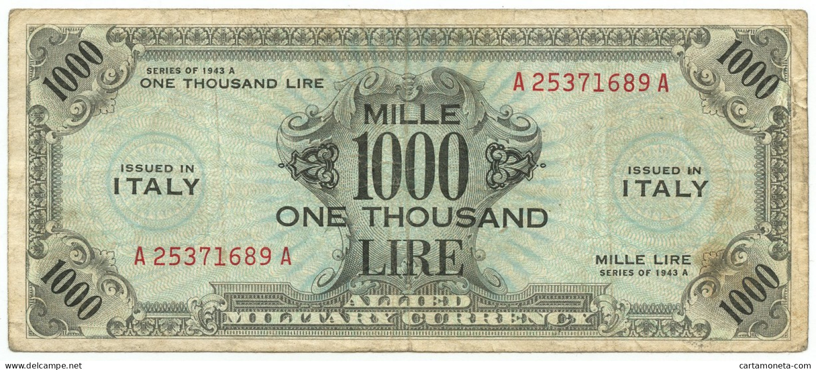 1000 LIRE OCCUPAZIONE AMERICANA IN ITALIA BILINGUE FLC A-A 1943 A BB- - Ocupación Aliados Segunda Guerra Mundial