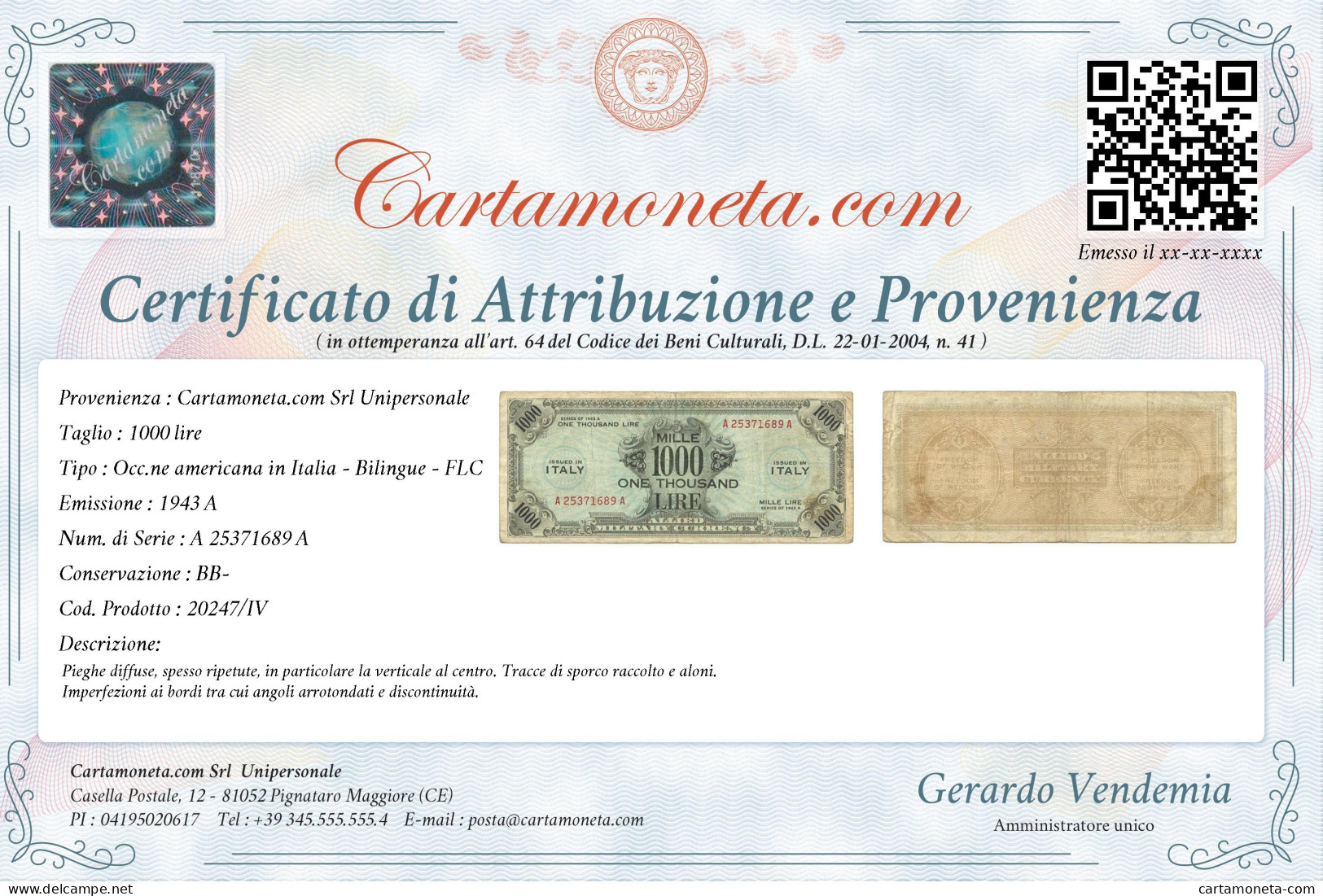 1000 LIRE OCCUPAZIONE AMERICANA IN ITALIA BILINGUE FLC A-A 1943 A BB- - Occupazione Alleata Seconda Guerra Mondiale