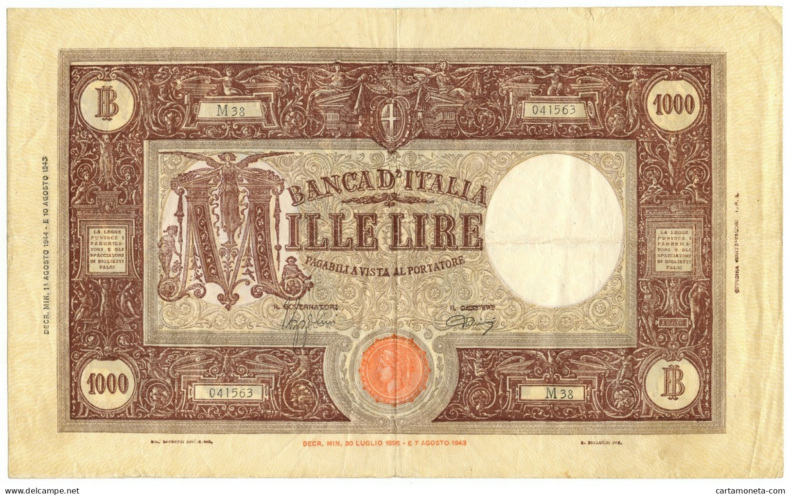 1000 LIRE BARBETTI GRANDE M TESTINA RETRO BI RSI 01/08/1944 BB/BB+ - Regno D'Italia - Altri