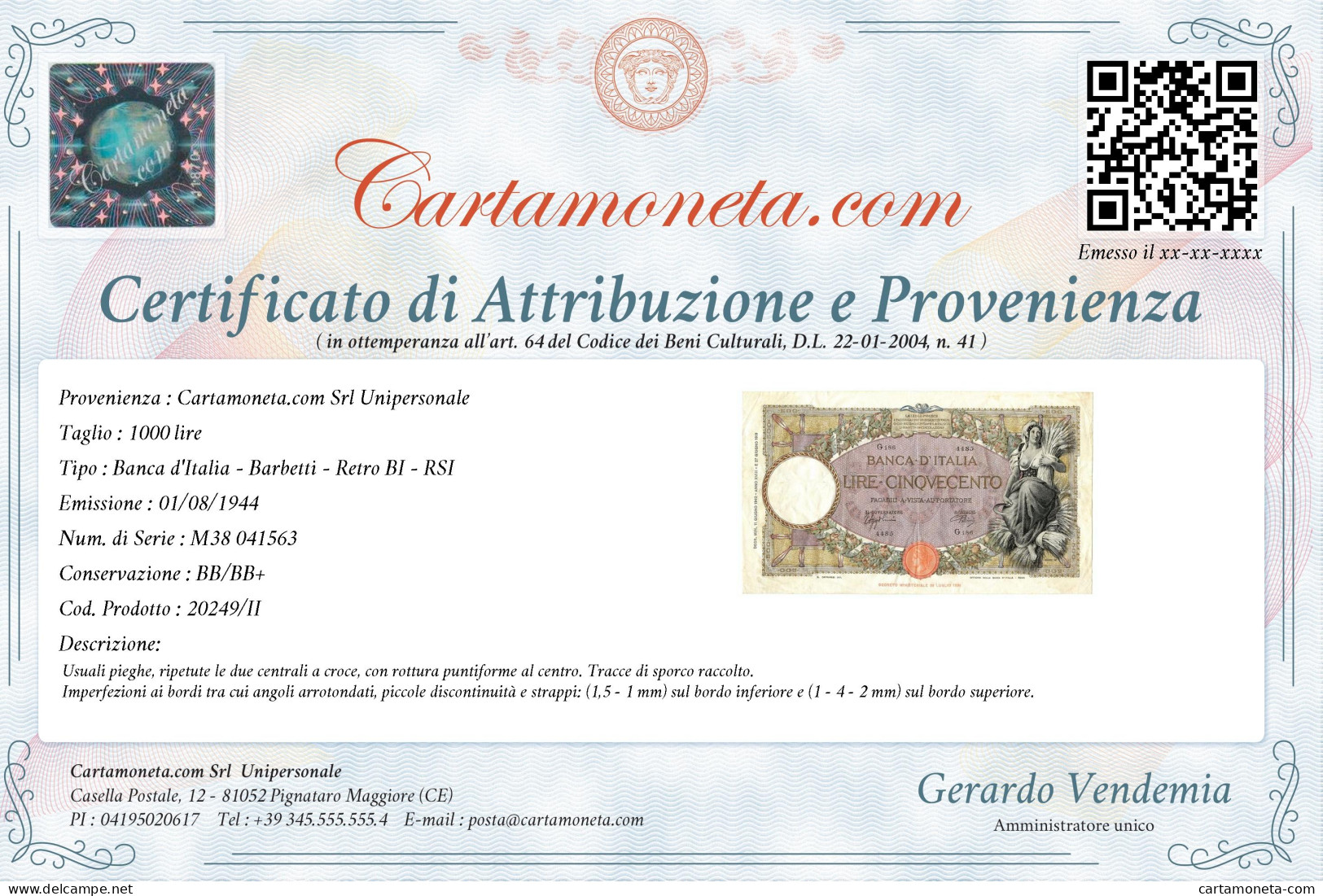 1000 LIRE BARBETTI GRANDE M TESTINA RETRO BI RSI 01/08/1944 BB/BB+ - Regno D'Italia – Autres