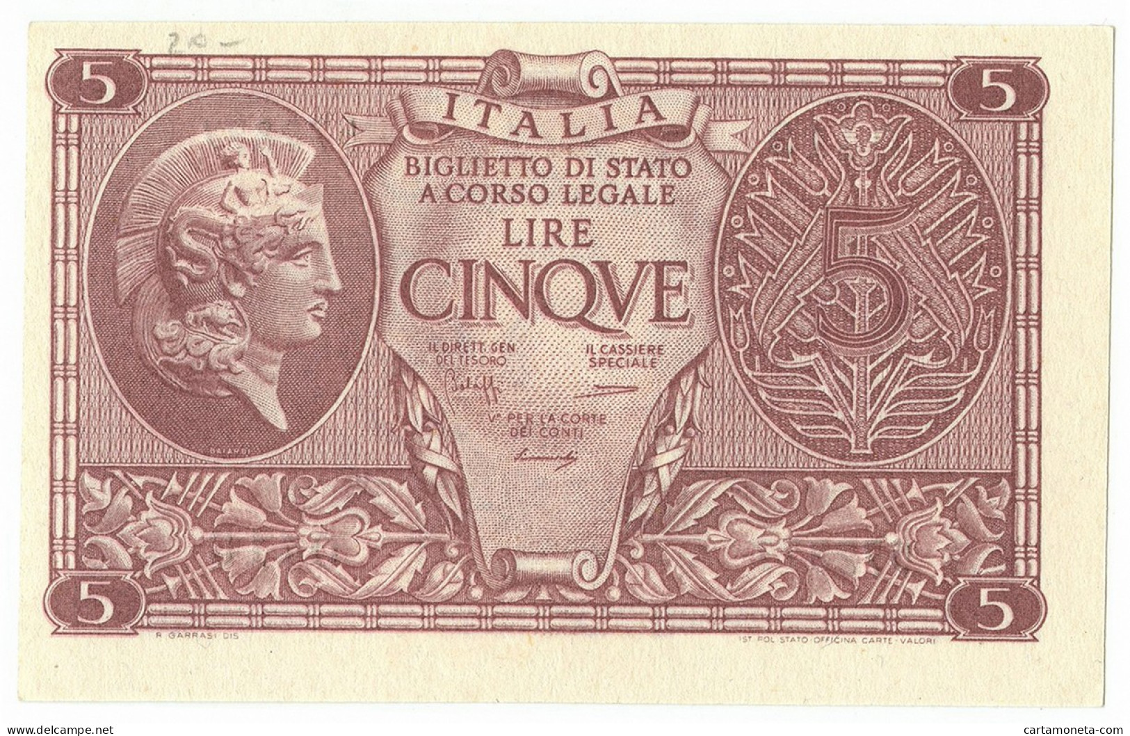 5 LIRE BIGLIETTO DI STATO ATENA LUOGOTENENZA UMBERTO BOLAFFI 23/11/1944 QFDS - Regno D'Italia – Other