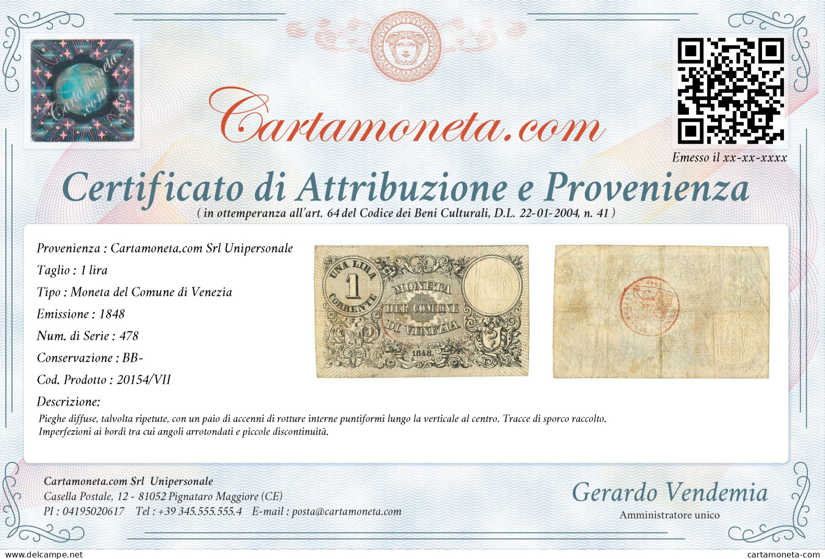 1 LIRA MONETA DEL COMUNE DI VENEZIA 1848 BB- - Sonstige & Ohne Zuordnung