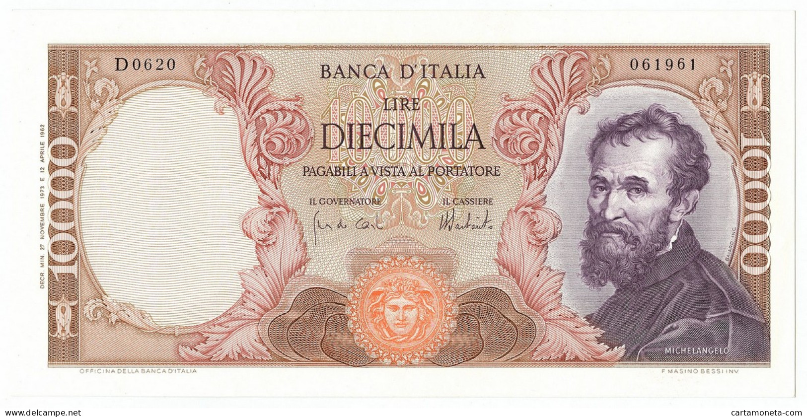 10000 LIRE BANCA D'ITALIA MICHELANGELO MEDUSA 27/11/1973 QFDS - Andere & Zonder Classificatie