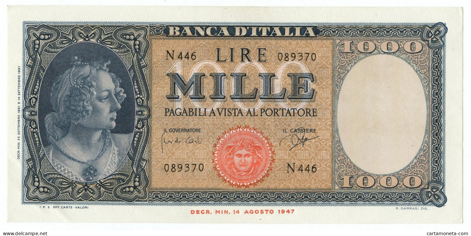 1000 LIRE ITALIA ORNATA DI PERLE MEDUSA 25/09/1961 SUP+ - Autres & Non Classés