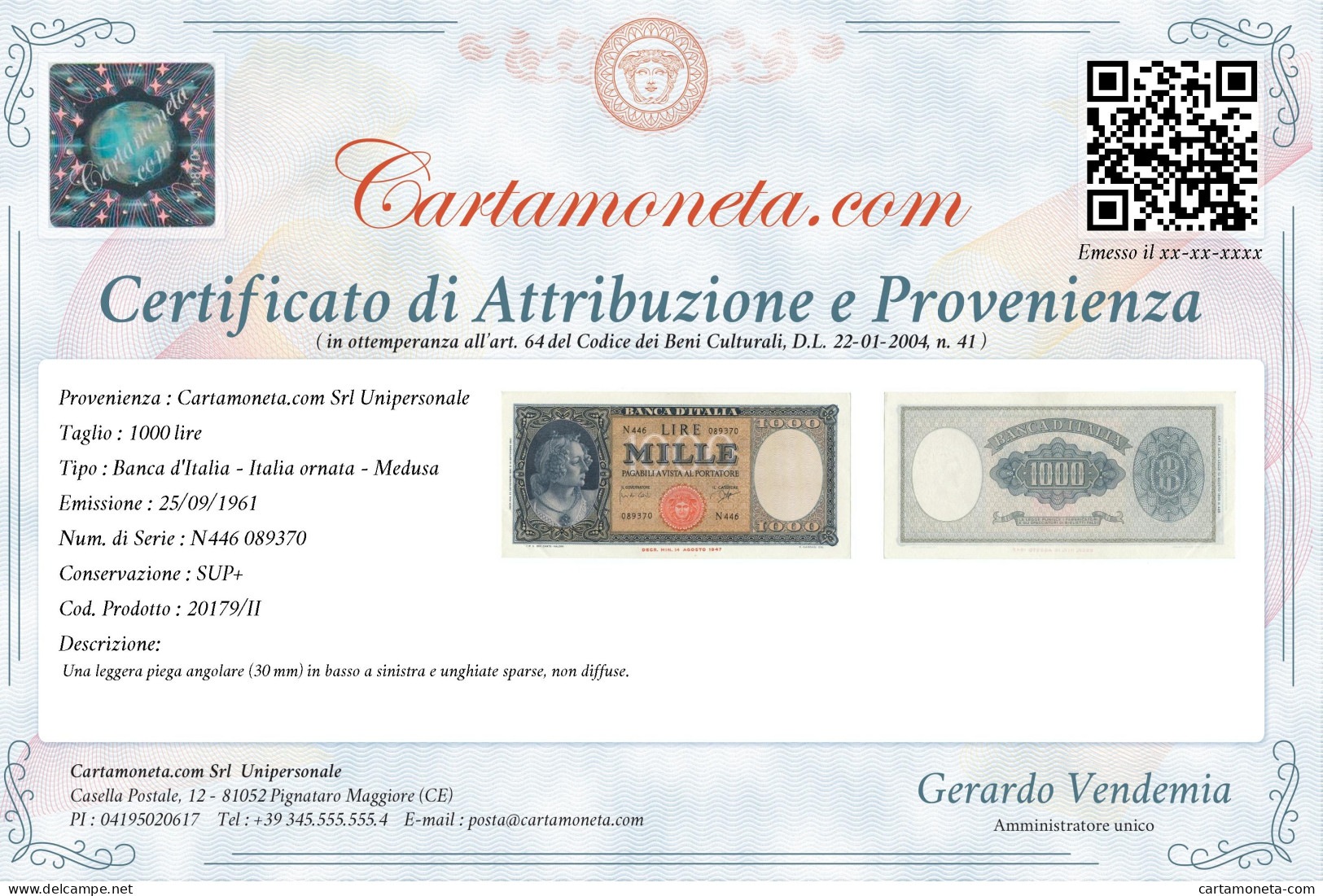 1000 LIRE ITALIA ORNATA DI PERLE MEDUSA 25/09/1961 SUP+ - Andere & Zonder Classificatie