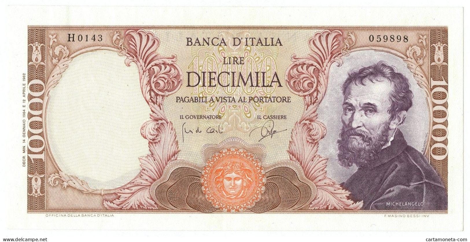 10000 LIRE BANCA D'ITALIA MICHELANGELO MEDUSA 14/01/1964 SPL+ - Sonstige & Ohne Zuordnung