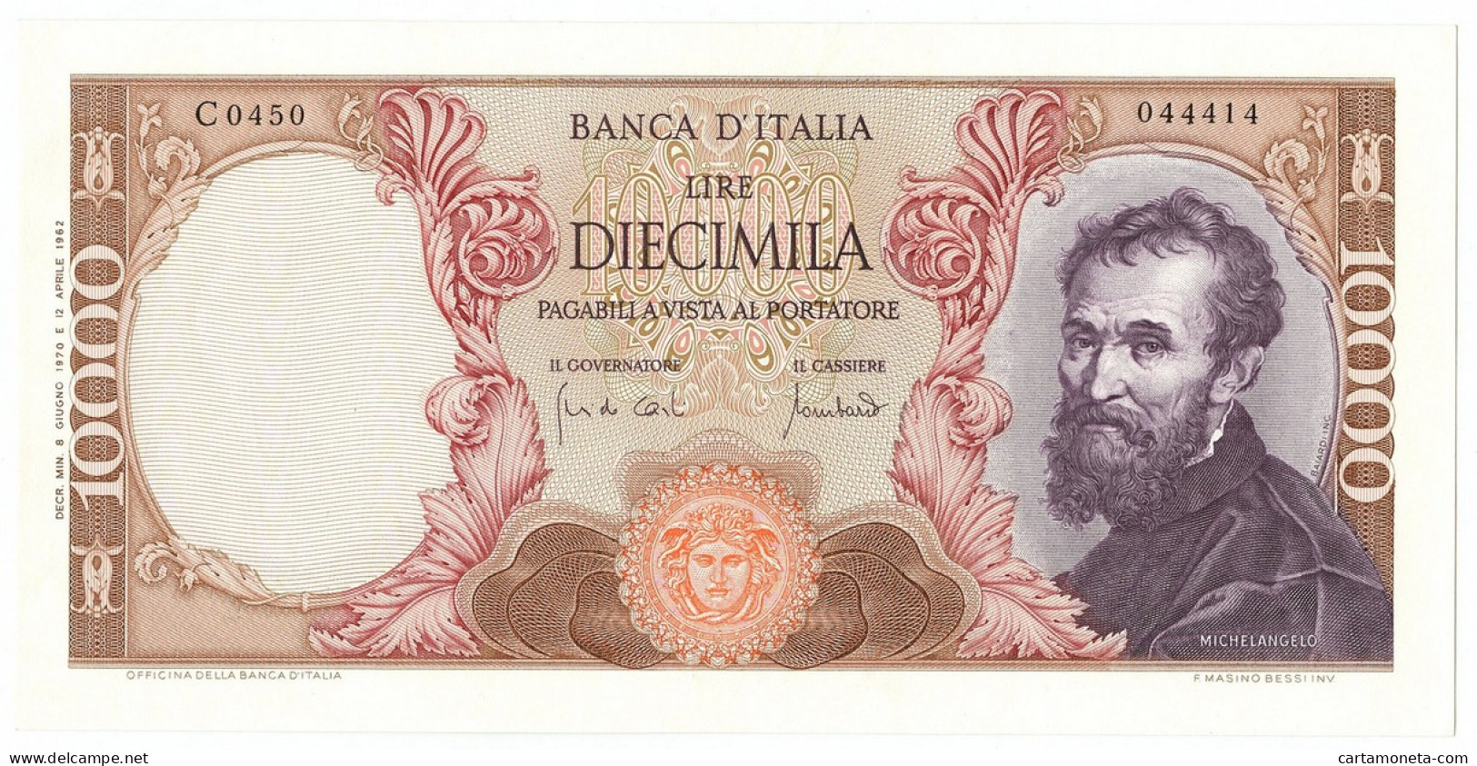 10000 LIRE BANCA D'ITALIA MICHELANGELO MEDUSA 08/06/1970 SUP - Autres & Non Classés