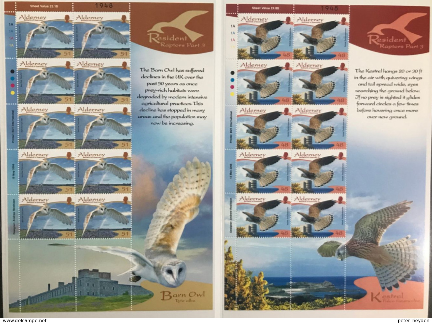 Alderney 2008 Resident Birds 3 Raptors ~ MNH 6 Sheetlets ~ Owl Kestrel Peregrine Falcon Buzzard Hawk - Alderney