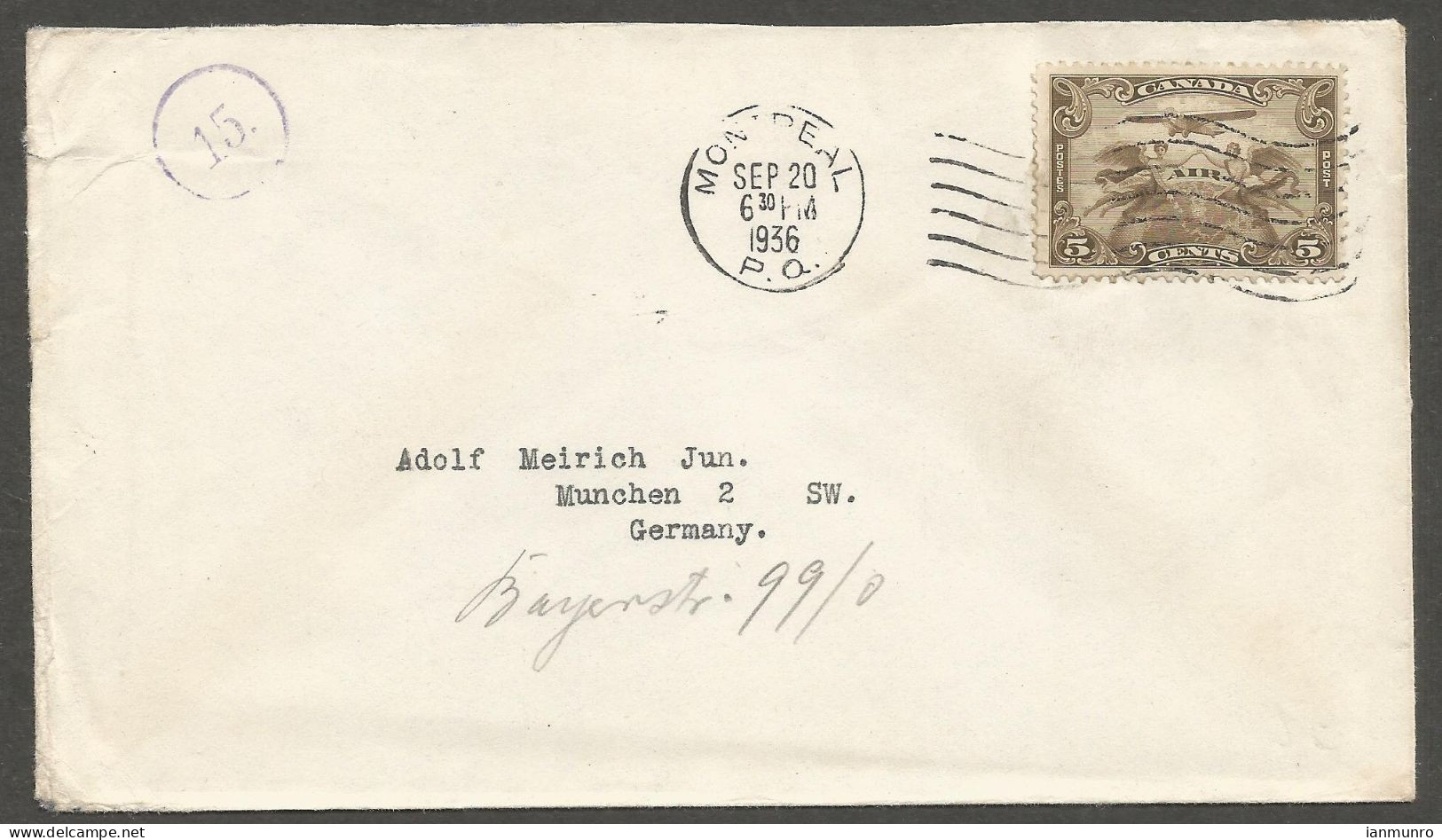 1936 Cover 5c #C1 Airmail Montreal Quebec To Germany - Historia Postale