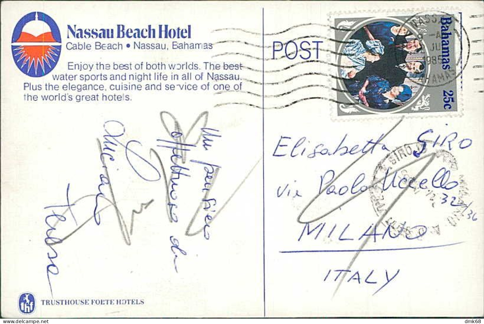 BAHAMAS - NASSAU BEACH HOTEL - TRUSTHOUSE FORTE HOTELS - MAILED TO ITALY 1985 - STAMP - 1970  (17423) - Bahama's