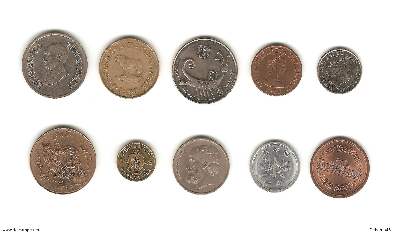 508/ Lot  : 10 Monnaies : Jordanie - Macédoine - Israël - Jersey - Iran - Guinée - Grèce - Japon - Verzamelingen & Kavels
