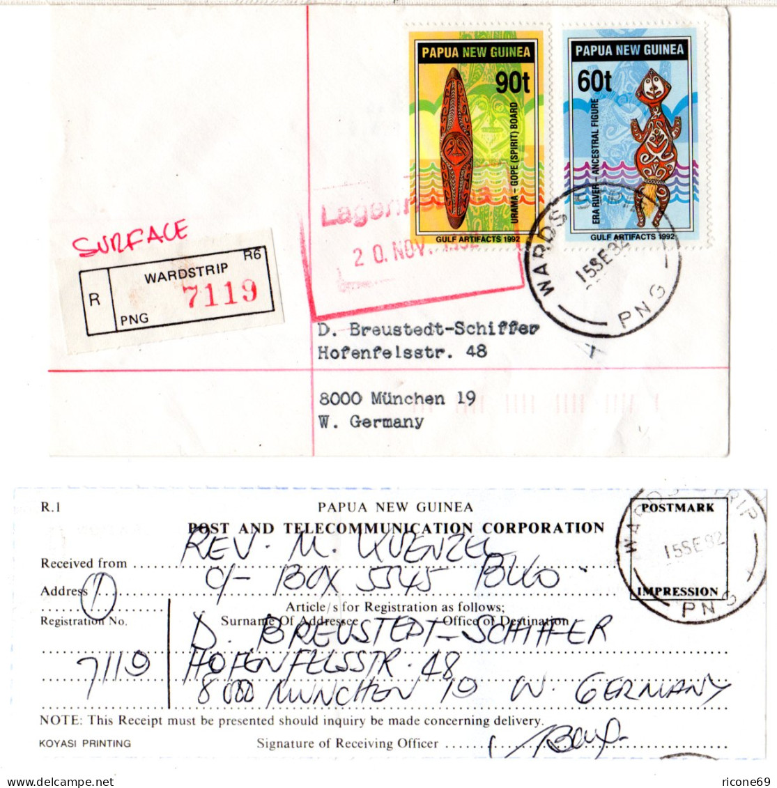 Papua Neu Guinea 1992, 60+90 T Artifacts Auf Einschreiben Brief V. Wardstrip - Autres - Océanie
