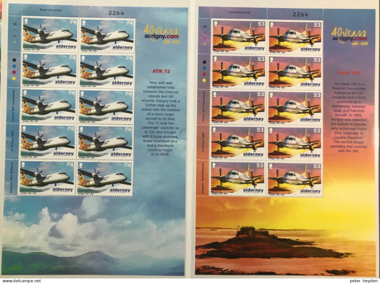 Alderney 2008 Aurigny Air Service ~ MNH 6 Sheetlets ~ Airplanes, Britten Norman, De Havilland, Saab - Alderney