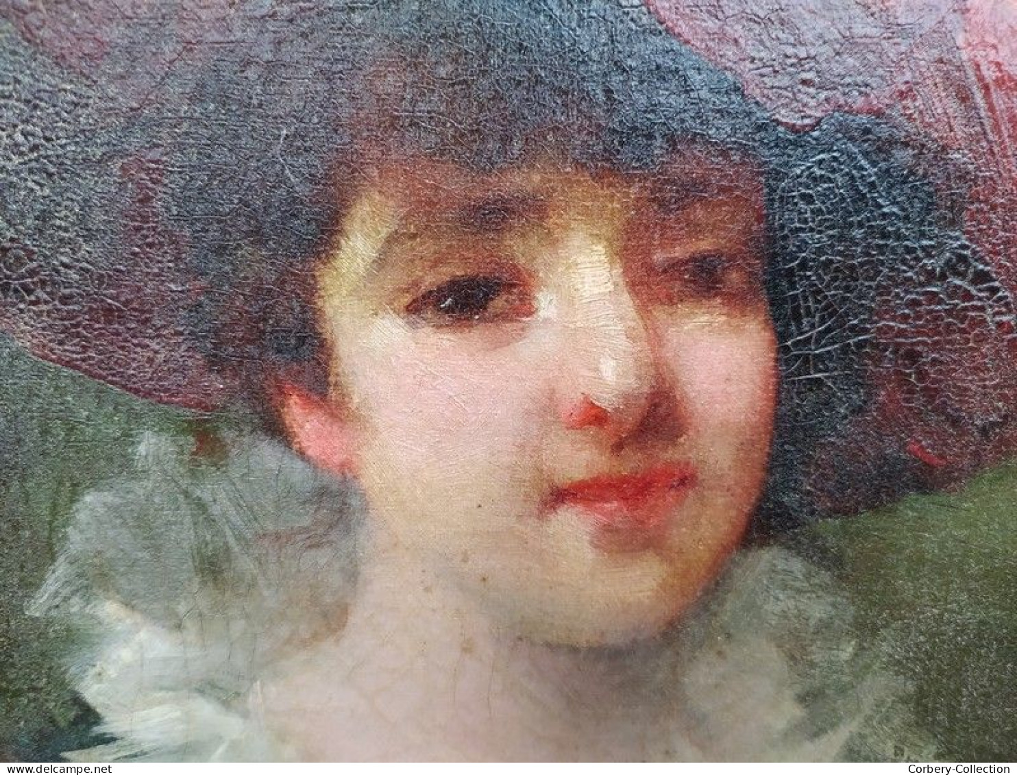 Tableau Portrait Feminin au Chapeau ca1900 Signé D'Abancour