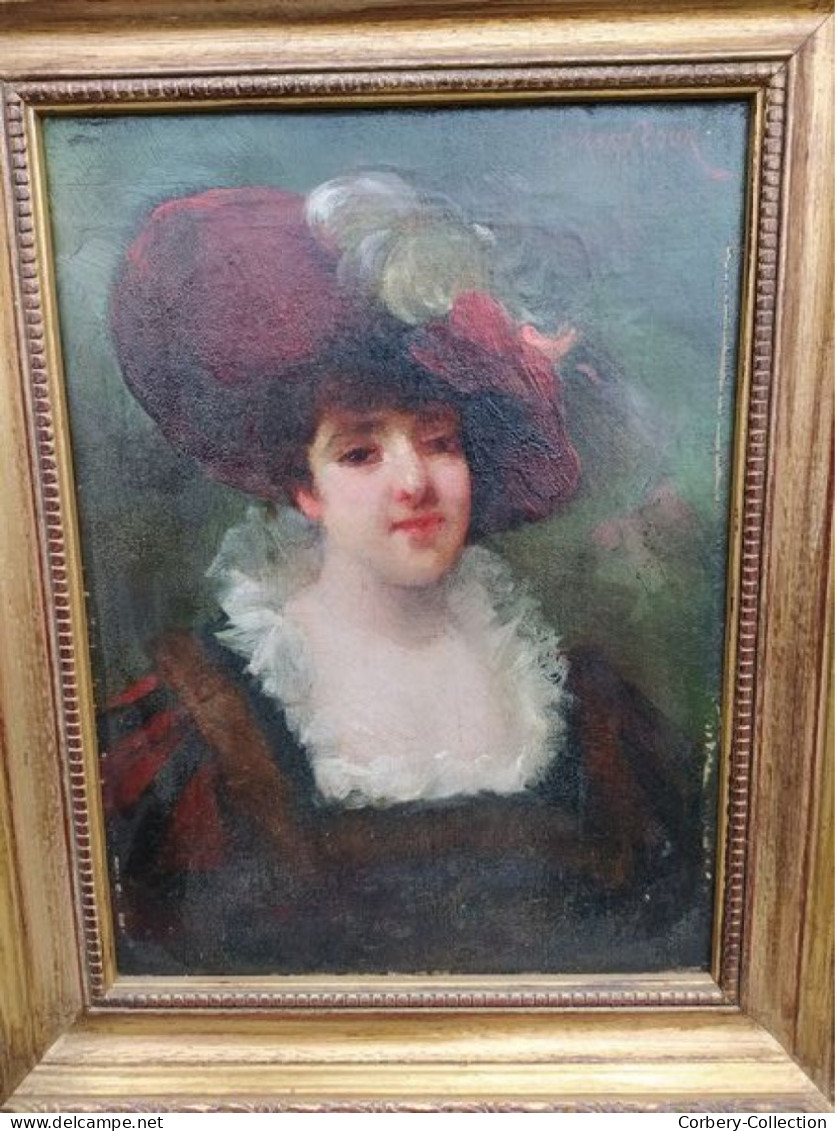 Tableau Portrait Feminin au Chapeau ca1900 Signé D'Abancour