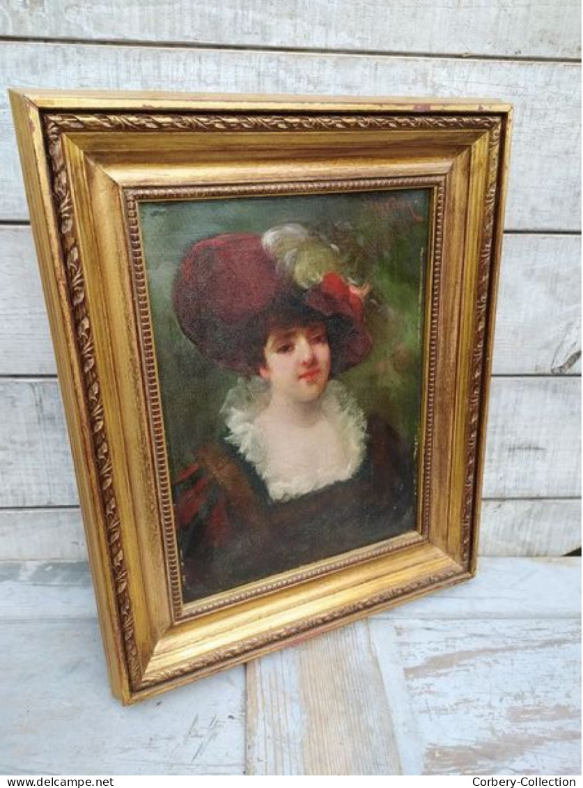 Tableau Portrait Feminin au Chapeau ca1900 Signé D'Abancour