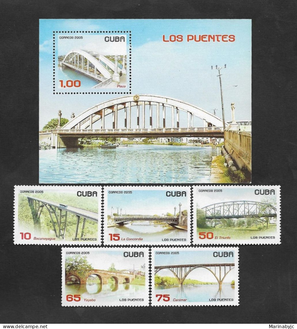 SE)2005 CUBA, BRIDGES, PLAZA, SOUVENIR SHEET AND 5 STAMPS BACUNAYAGUA, LA CONCORDIA, EL TRIUNFO, YAYABO, CANIMAR, ALL MN - Oblitérés