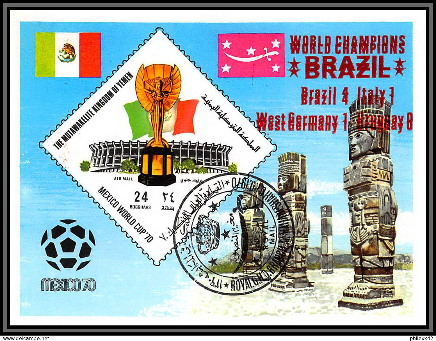 Yemen Royaume (kingdom) - 4182 Bloc N°216 Surcharge Double Overprint RR World Mexico 1970 BRAZIL WINNER Football Soccer - 1970 – Mexico