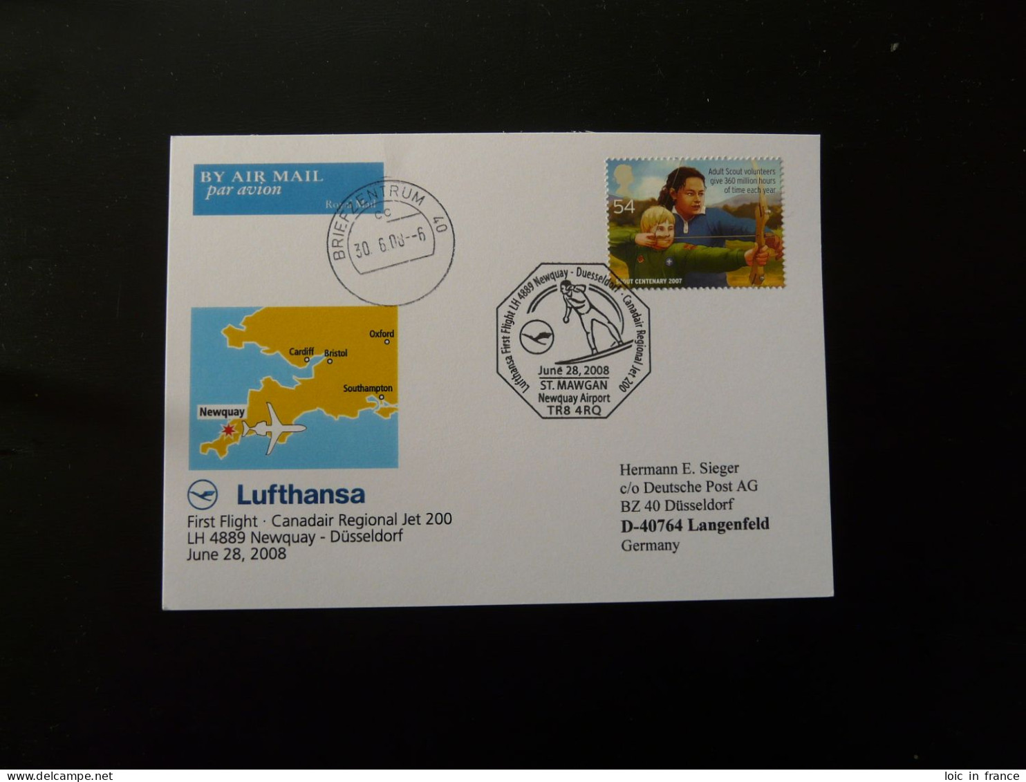 Premier Vol First Flight Newquay Dusseldorf On Canadair Jet 200 Lufthansa 2008 - Briefe U. Dokumente