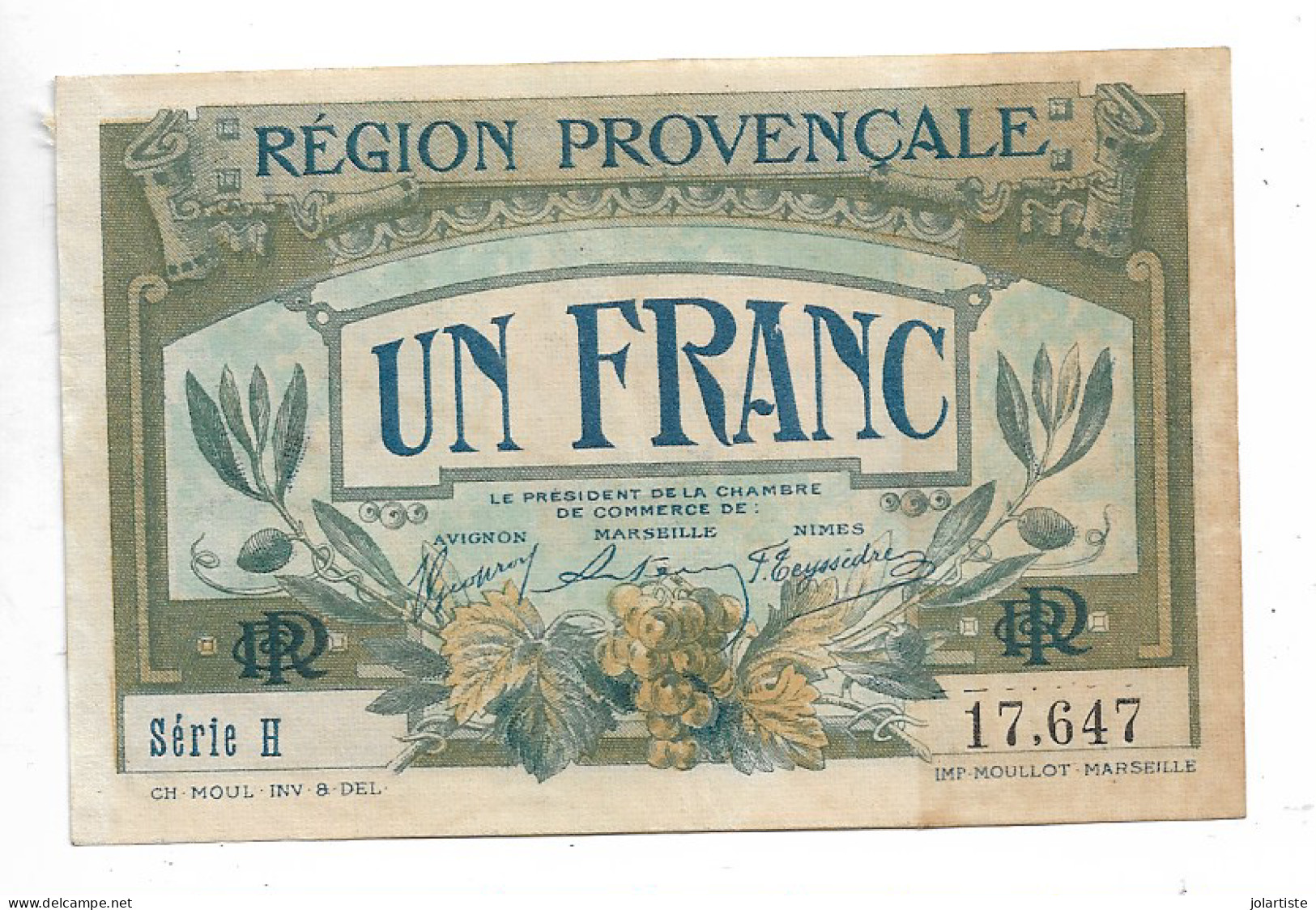 Region Provencale Marseille Un Franc Serie H Dimension: 98 Mm X 63 Mm N0166 - Chambre De Commerce