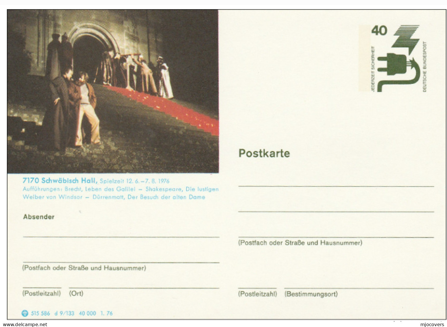 SHAKESPEARE At SCHWABISCH HALL THEATRE Postal STATIONERY Card 1976 Germany Cover Stamps - Theater