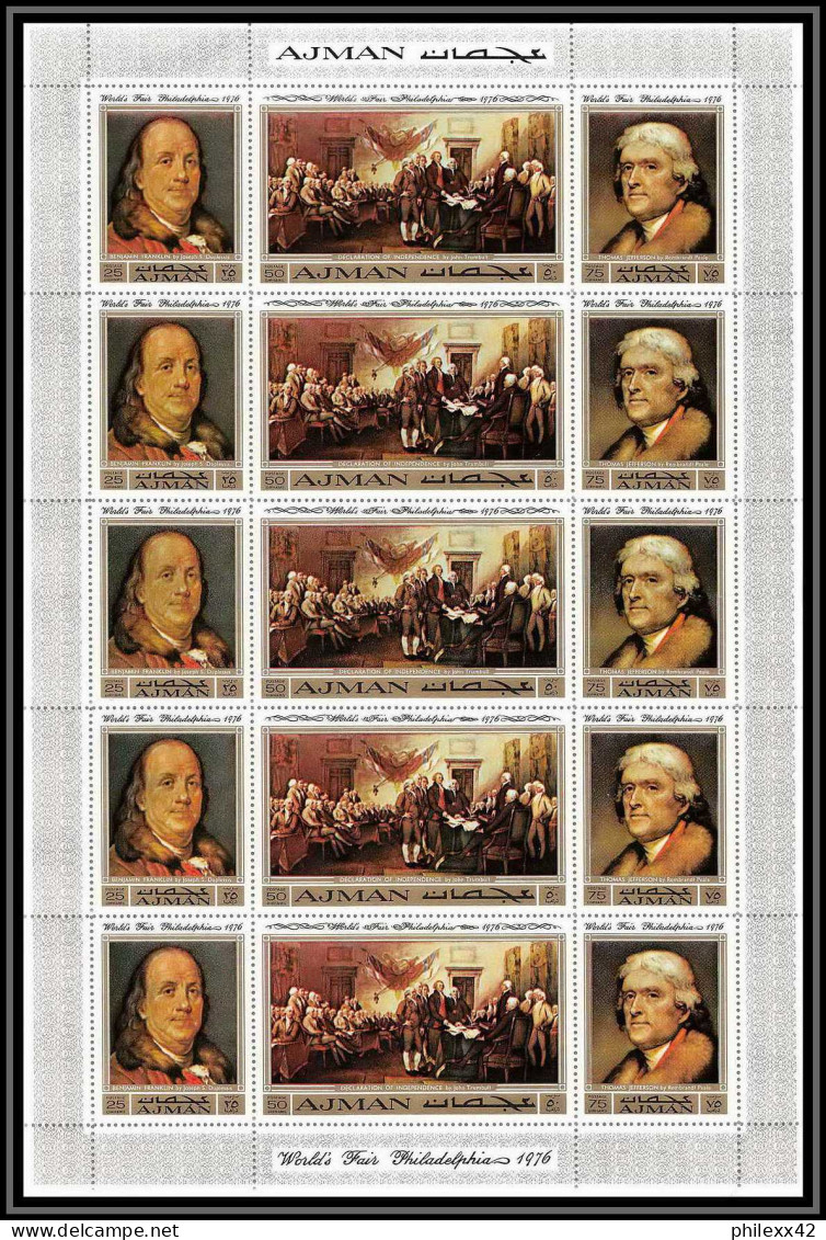 Ajman - 2667/ N° 1028/1030 A Word Fair Philadelphia 1971 Franklin Jefferson Usa ** MNH Feuille Complete (sheet) - Indépendance USA