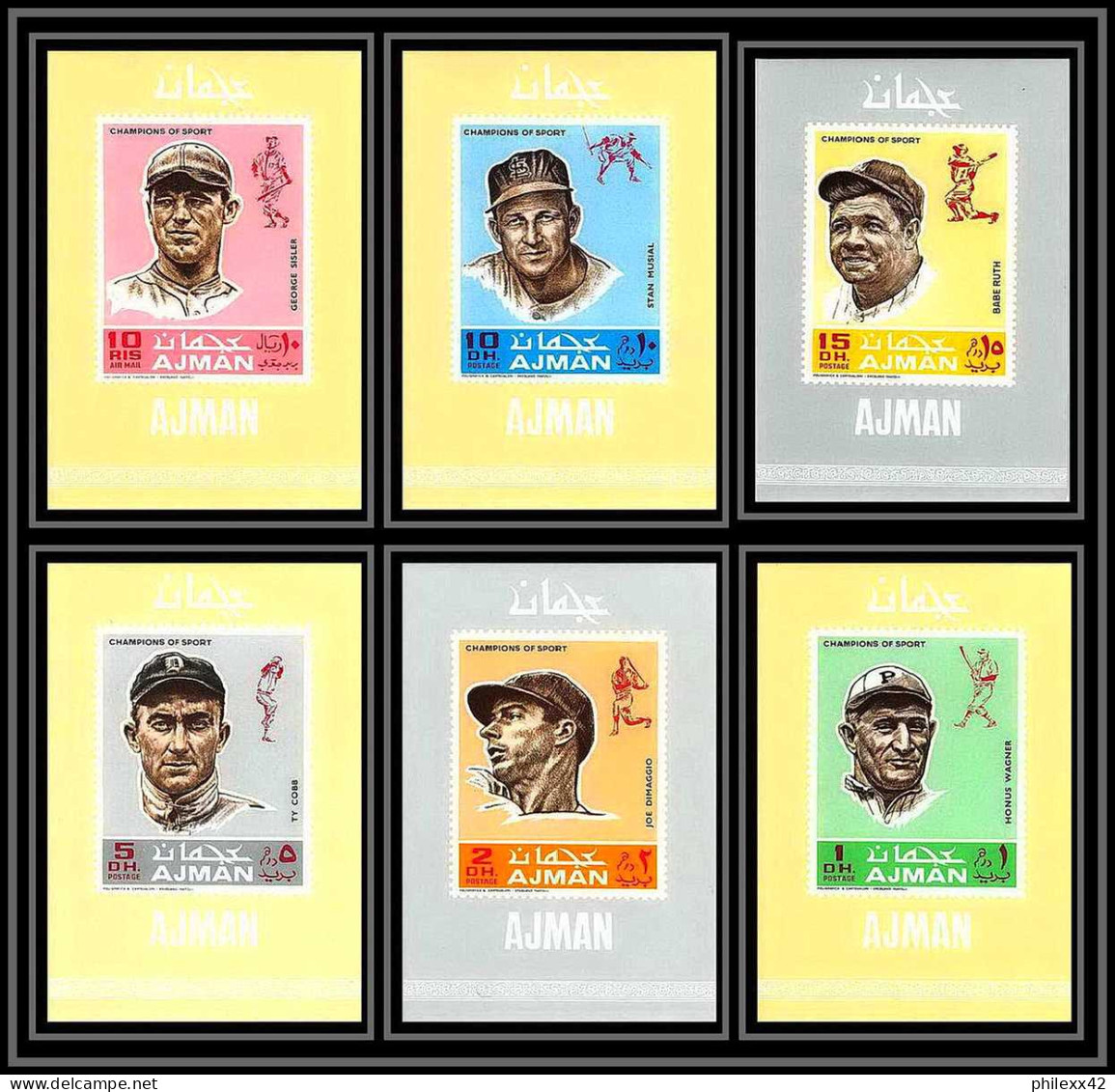 Ajman - 2738/ N° 388/393 Champions Of Sport Famous Athletes Baseball Sport Deluxe Miniature Sheets Wagner Di Maggio - Base-Ball