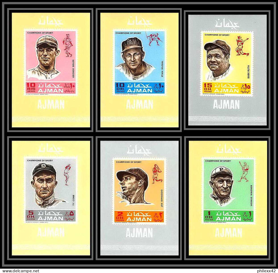 Ajman - 2738/ N° 388/393 Champions Of Sport Famous Athletes Baseball Sport Deluxe Miniature Sheets Wagner Di Maggio - Baseball