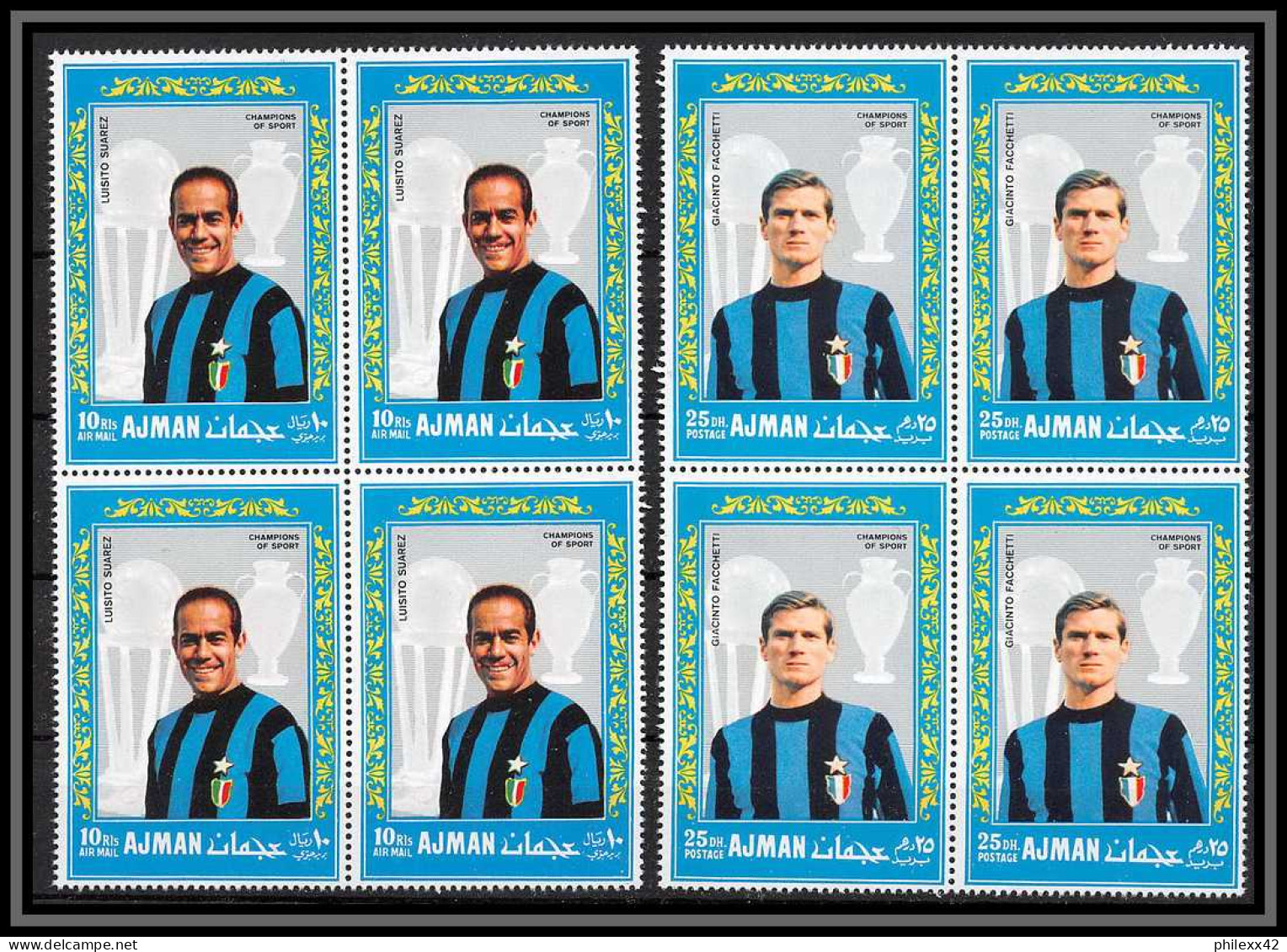 Ajman - 4534 N°303/308 A Inter De Milan Football Players Calcio Soccer Suarez Mazzola Corso Facchetti Neuf ** MNH Bloc 4 - Berühmte Teams