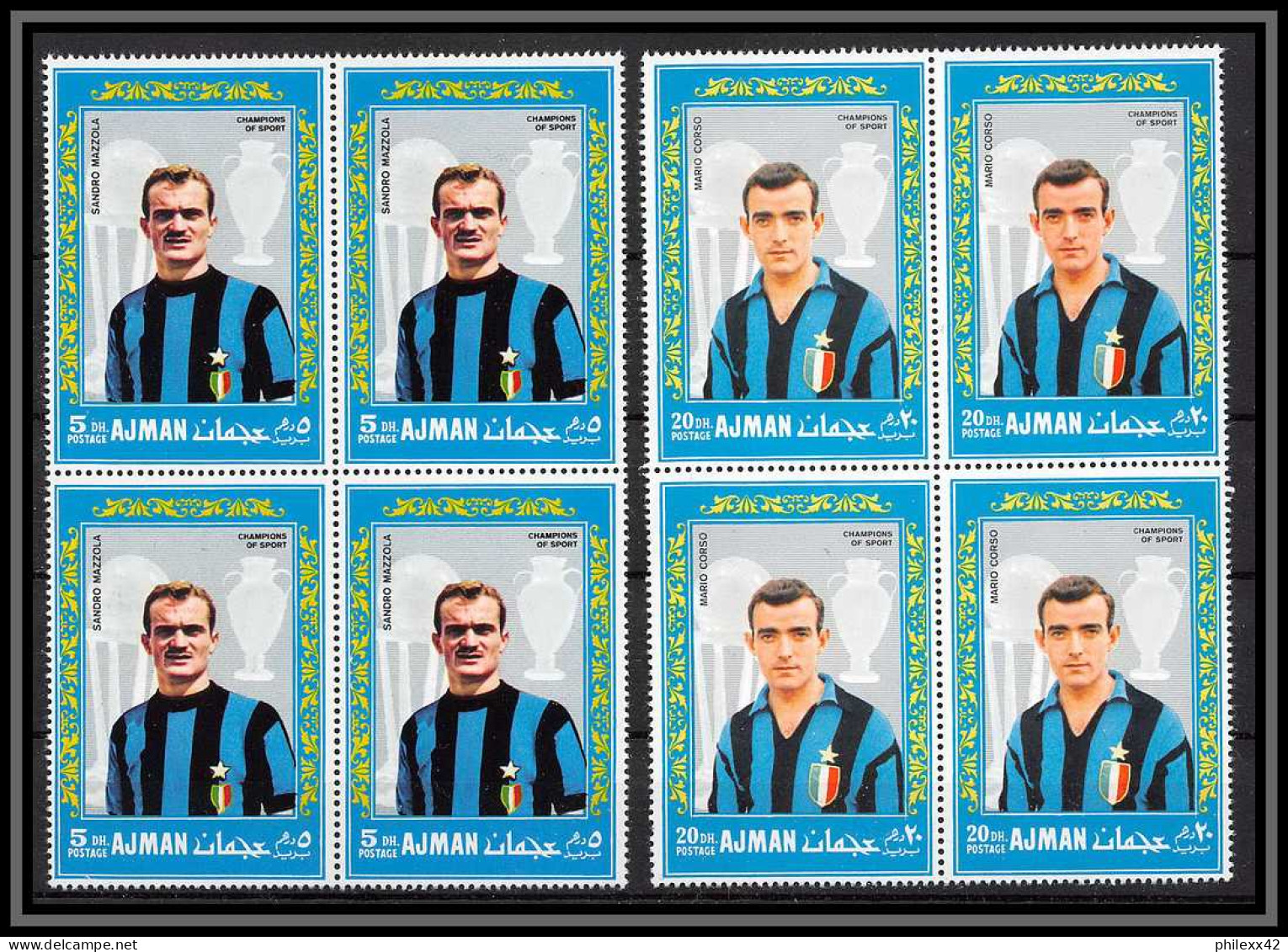 Ajman - 4534 N°303/308 A Inter De Milan Football Players Calcio Soccer Suarez Mazzola Corso Facchetti Neuf ** MNH Bloc 4 - Clubs Mythiques