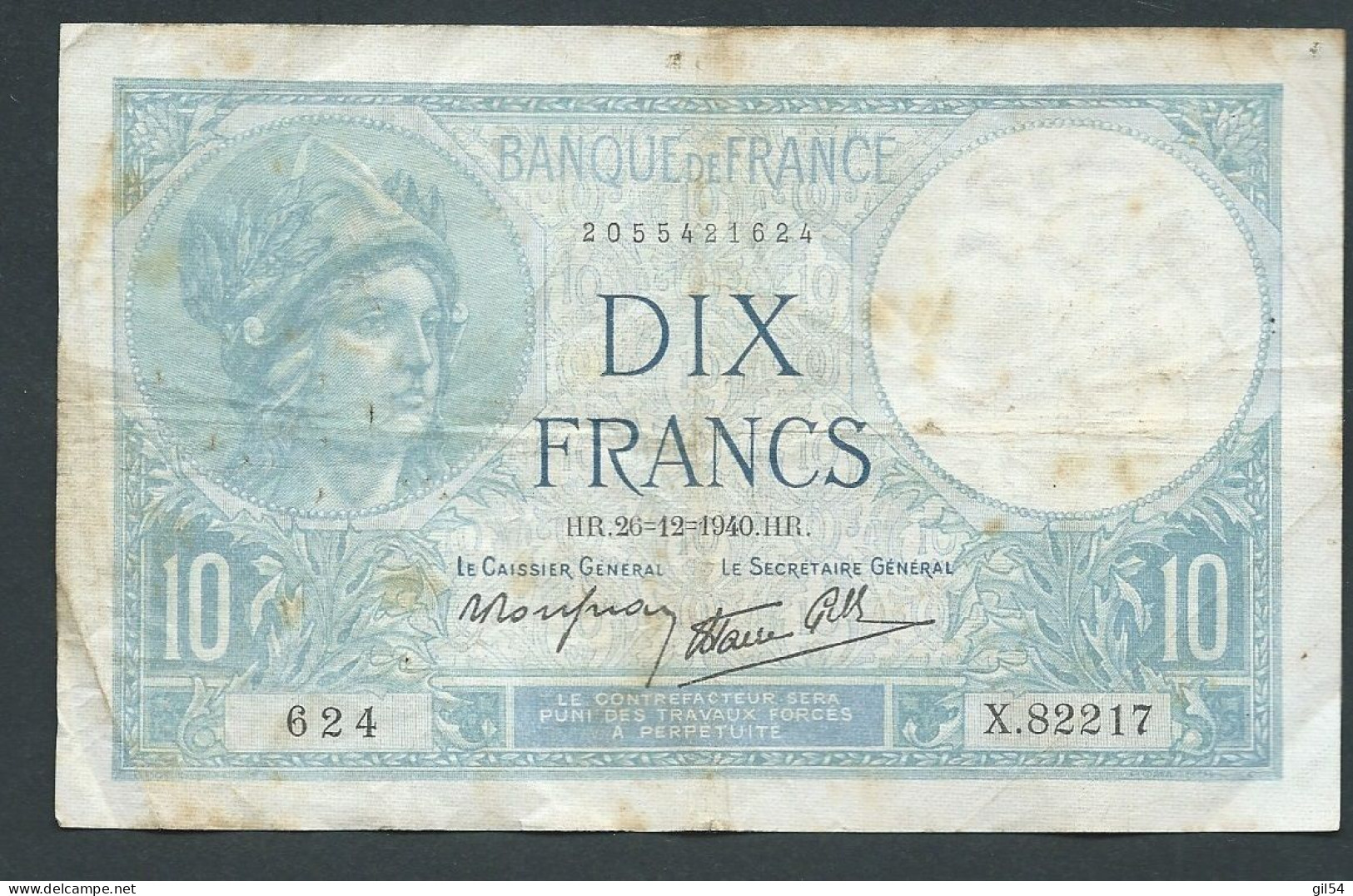 France - Billet 10 Francs Type " Minerve " 26/12/1940" Laura 14501 - 10 F 1916-1942 ''Minerve''
