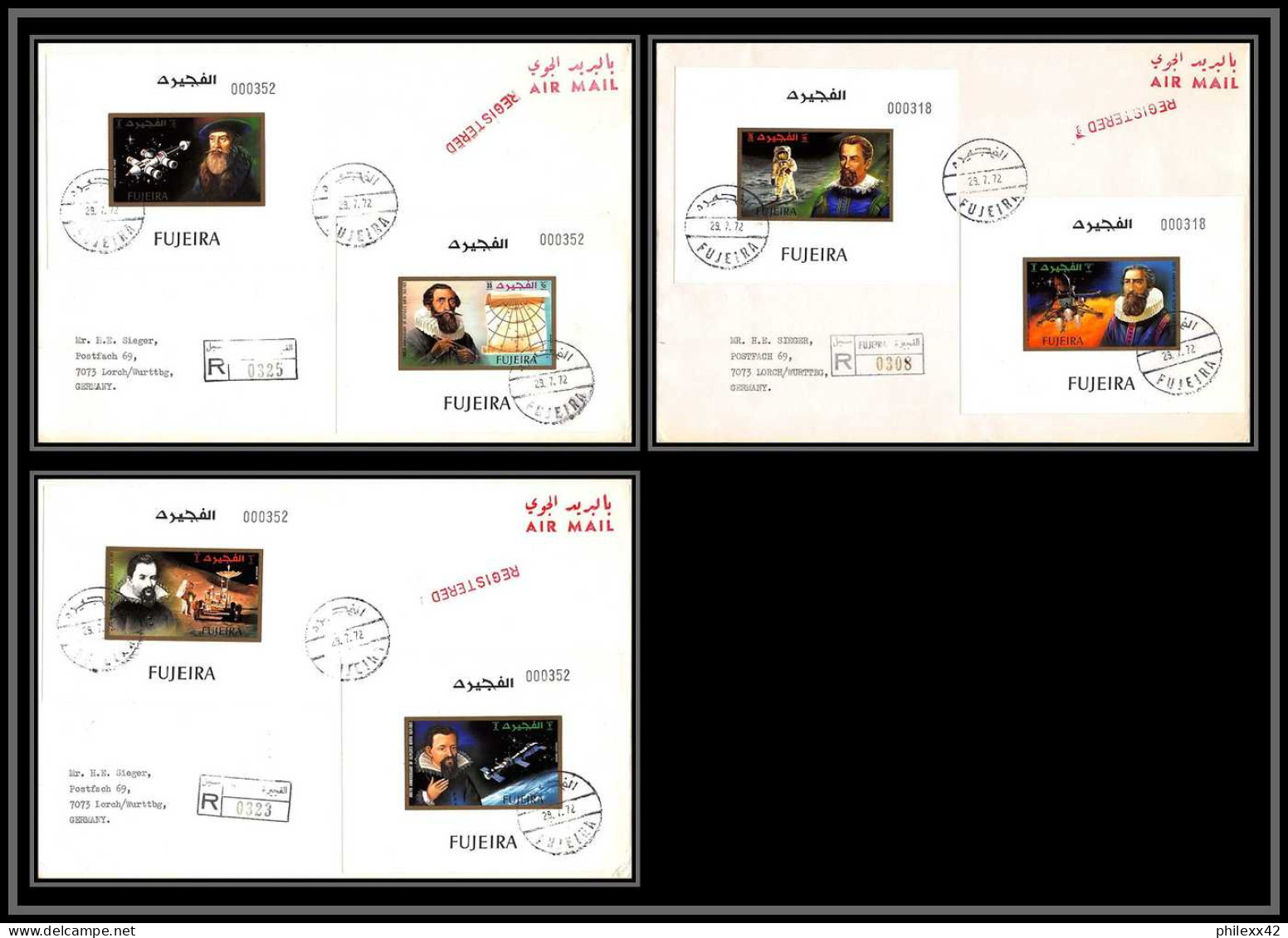Fujeira - 1663/ N°826/836 Kepler Espace (space) Deluxe Miniature Sheets On REGISTERED Cover To Germany Lettre 1972 RRR - Asien
