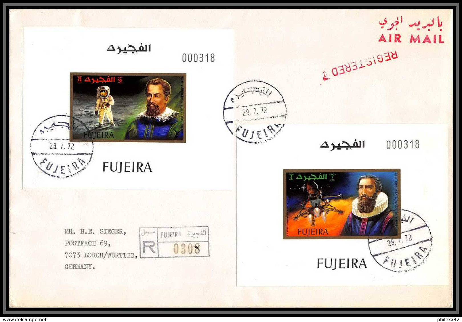 Fujeira - 1663/ N°826/836 Kepler Espace (space) Deluxe Miniature Sheets On REGISTERED Cover To Germany Lettre 1972 RRR - Asie