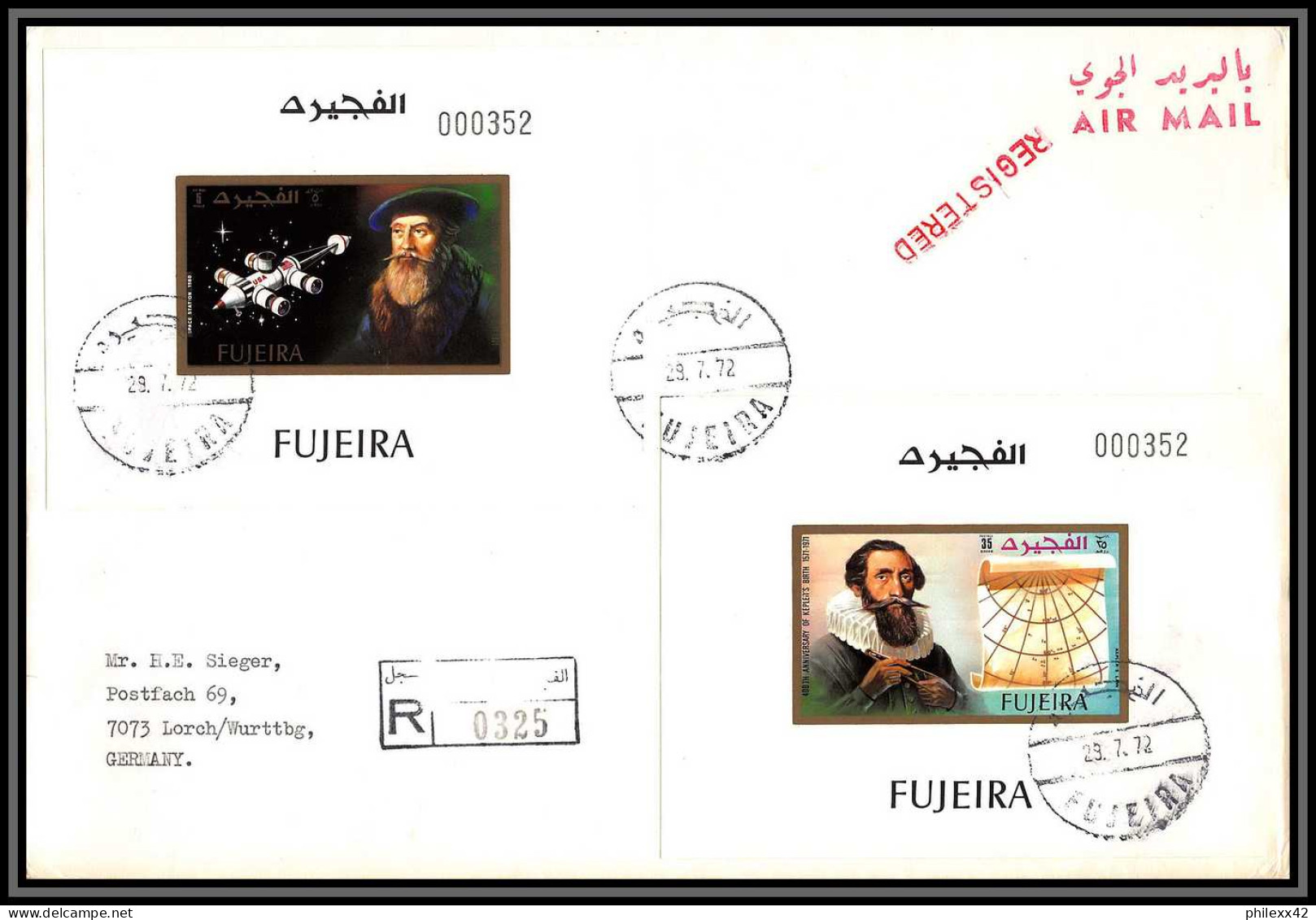 Fujeira - 1663/ N°826/836 Kepler Espace (space) Deluxe Miniature Sheets On REGISTERED Cover To Germany Lettre 1972 RRR - Azië