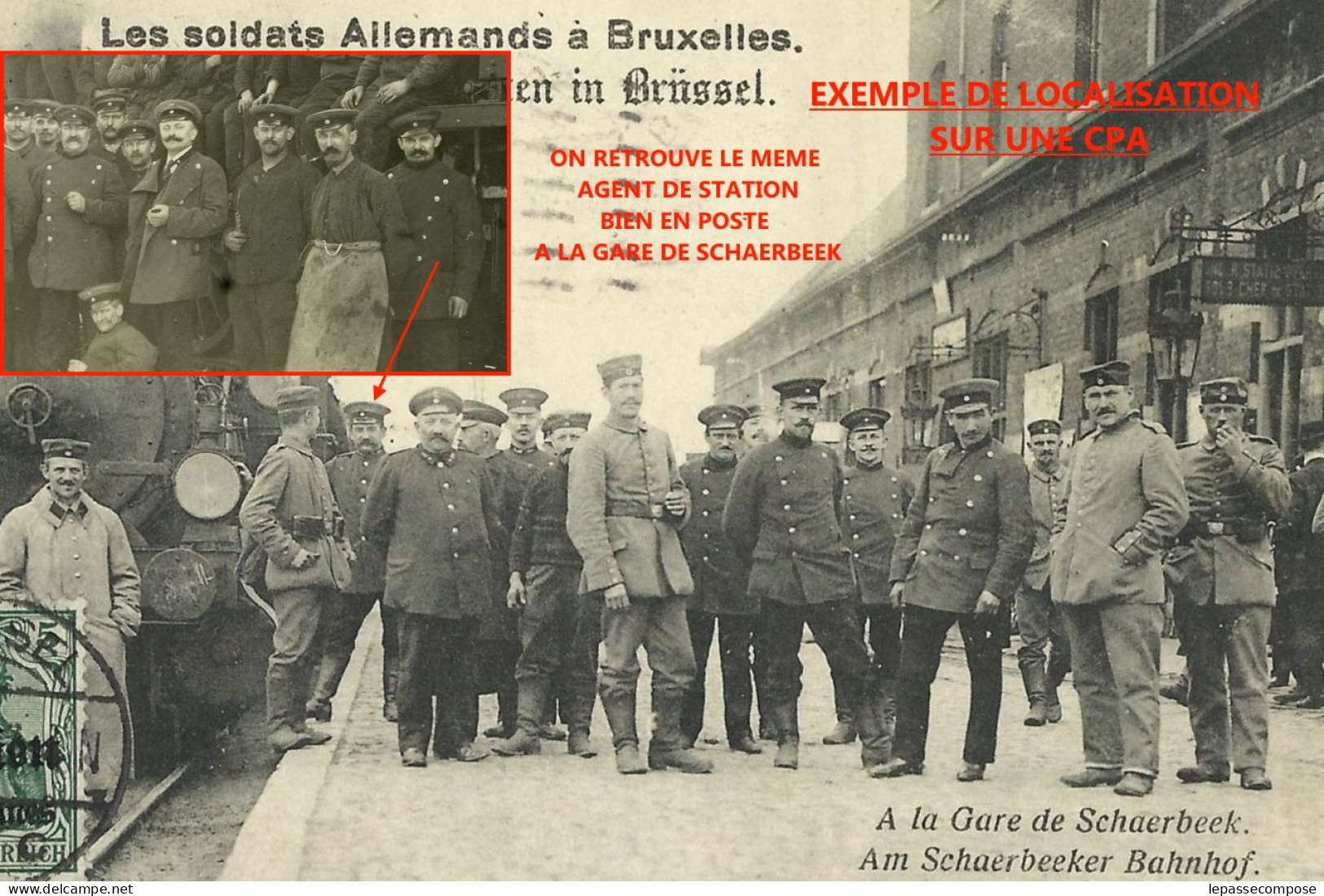 GARE DE SCHAERBEEK ( BRUSSEL BRUXELLES ) - TRAIN ET SA LOCOMOTIVE - RESPONSABLES DE STATION ET CHEMINOTS ALLEMANDS 1914 - Schaerbeek - Schaarbeek