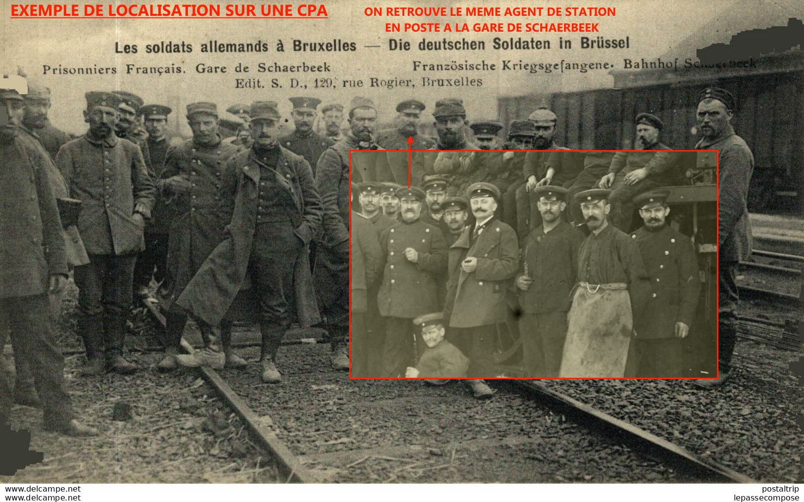 GARE DE SCHAERBEEK ( BRUSSEL BRUXELLES ) - TRAIN ET SA LOCOMOTIVE - RESPONSABLES DE STATION ET CHEMINOTS ALLEMANDS 1914 - Schaerbeek - Schaarbeek