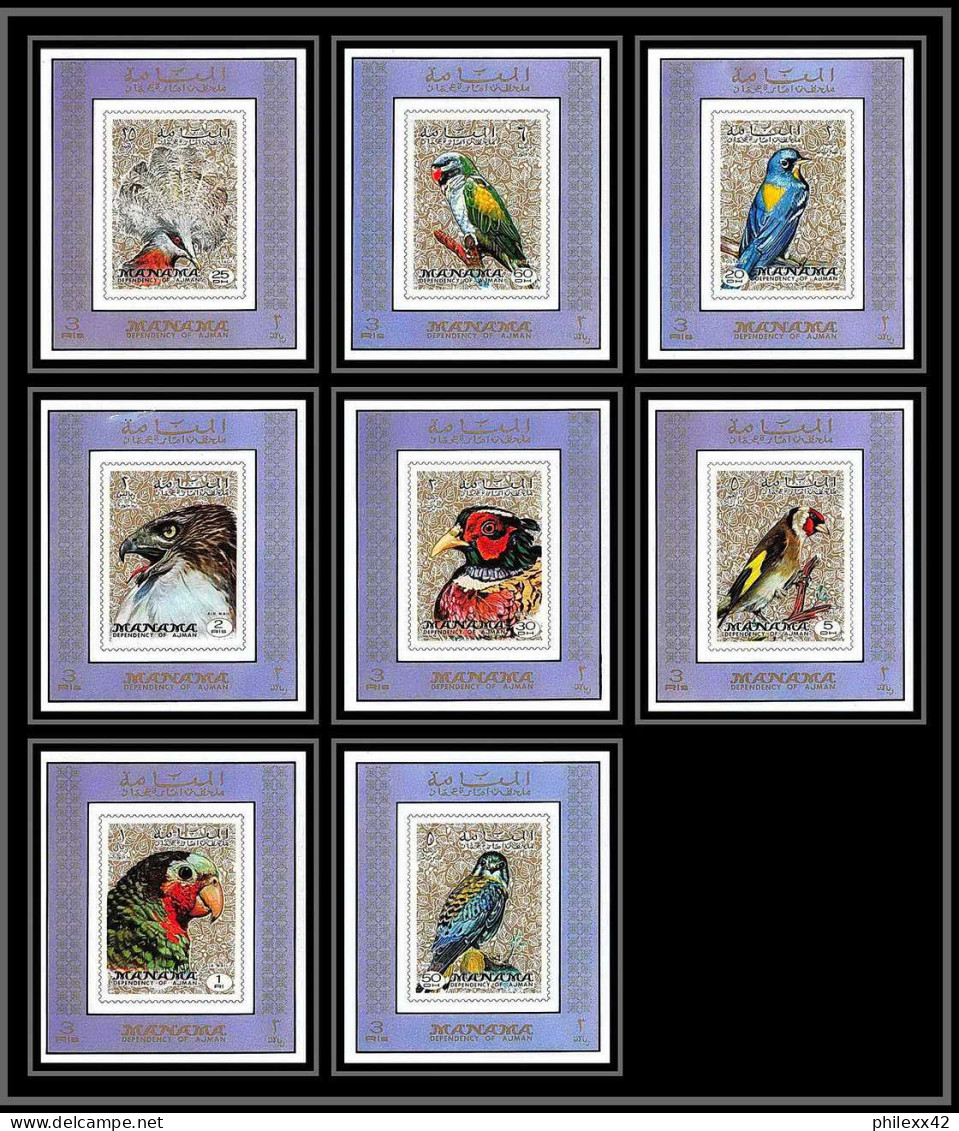 Manama - 3133/ N° 1040/1047 Deluxe Miniature Sheets Oiseaux Bird Birds Perroquets Parrots Rapaces Prey ** MNH  - Papagayos