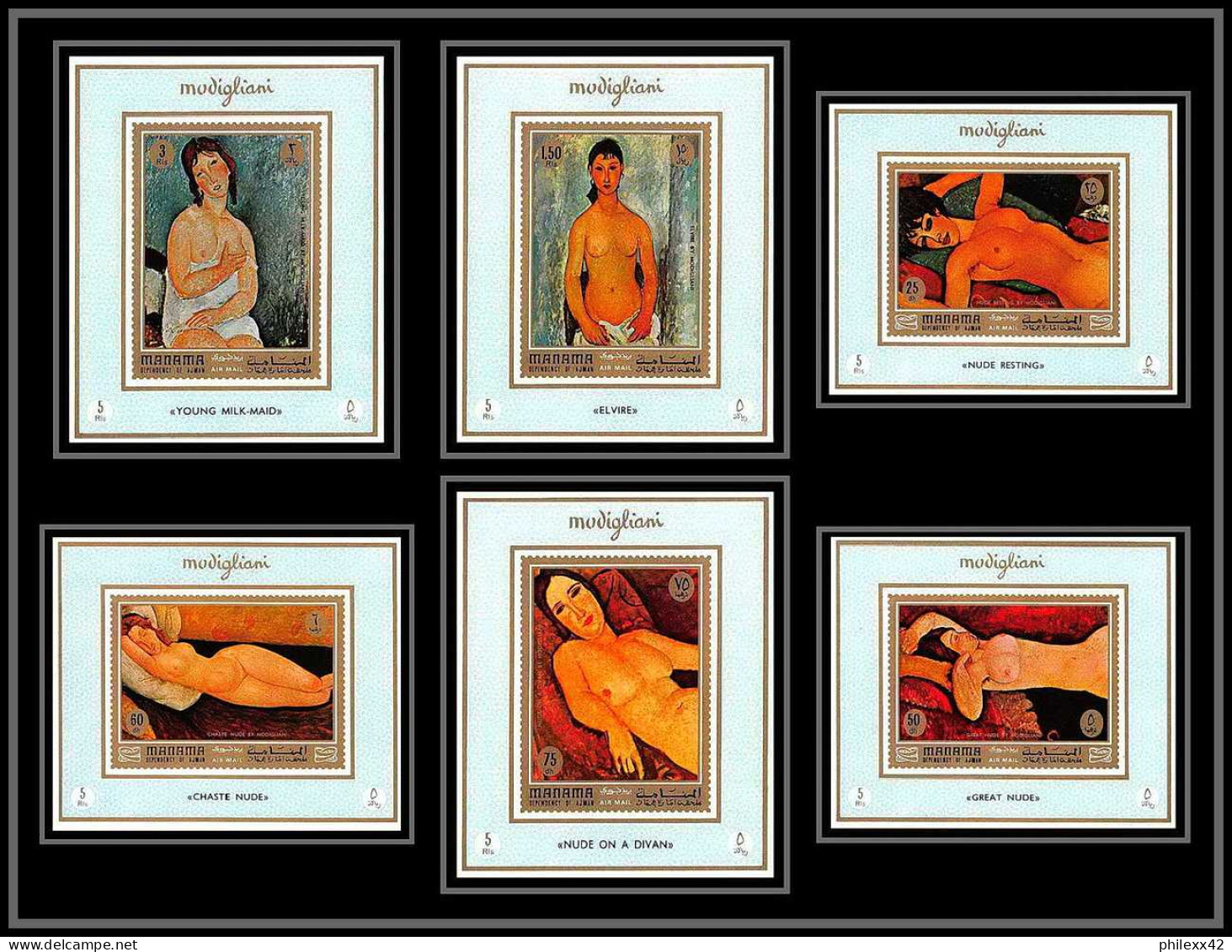 Manama - 3158/ N° 425/430 Modigliani Peinture Tableaux Paintings Deluxe Miniature Sheets ** Nus Nude Naked MNH  - Desnudos