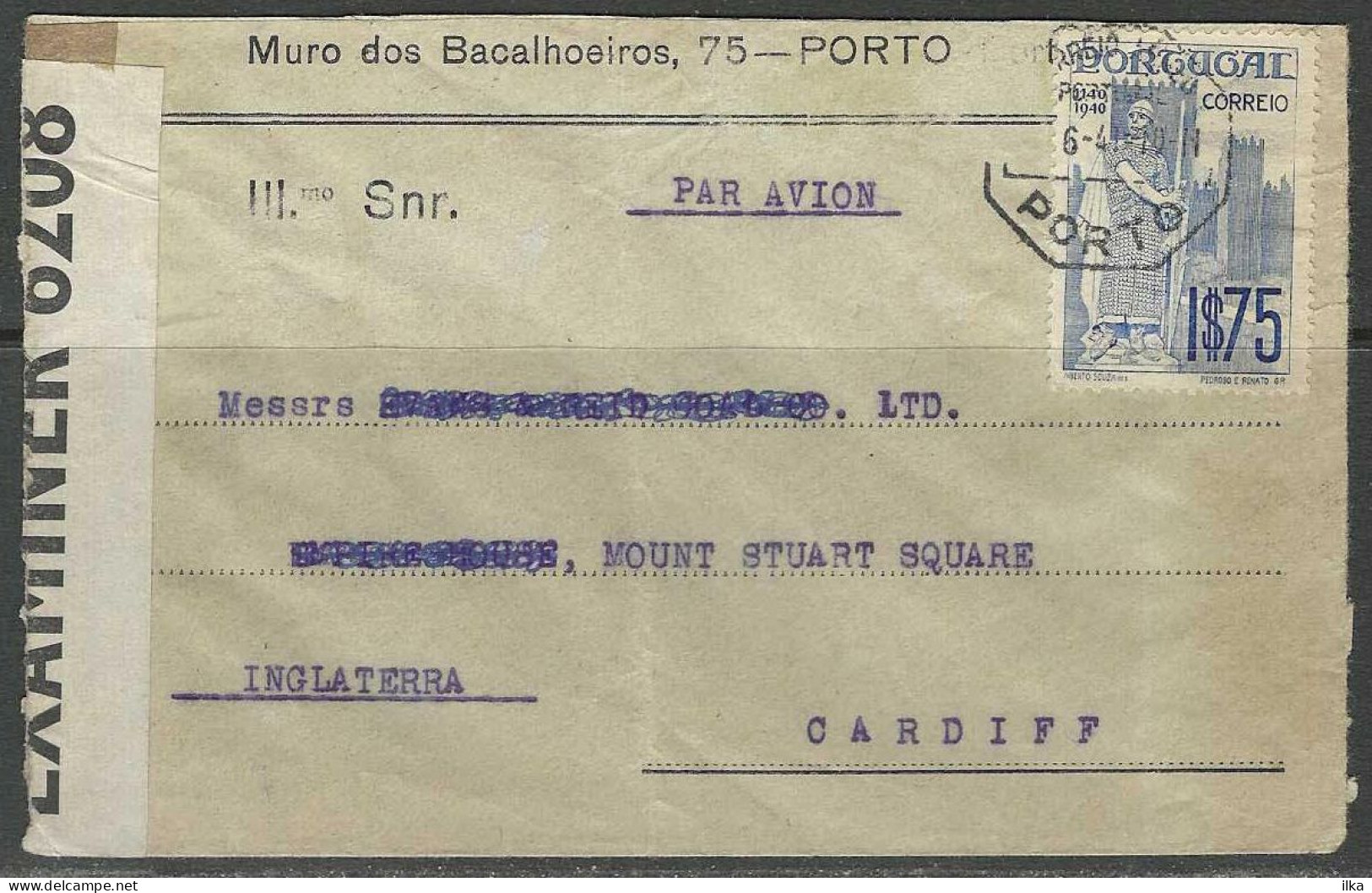 Cover - YT N°599 - Afg./Obl. Porto 10/06/1941. Contrôle Postal Lisboa >> LTD. - Cardiff - Inglaterra. - Lettres & Documents