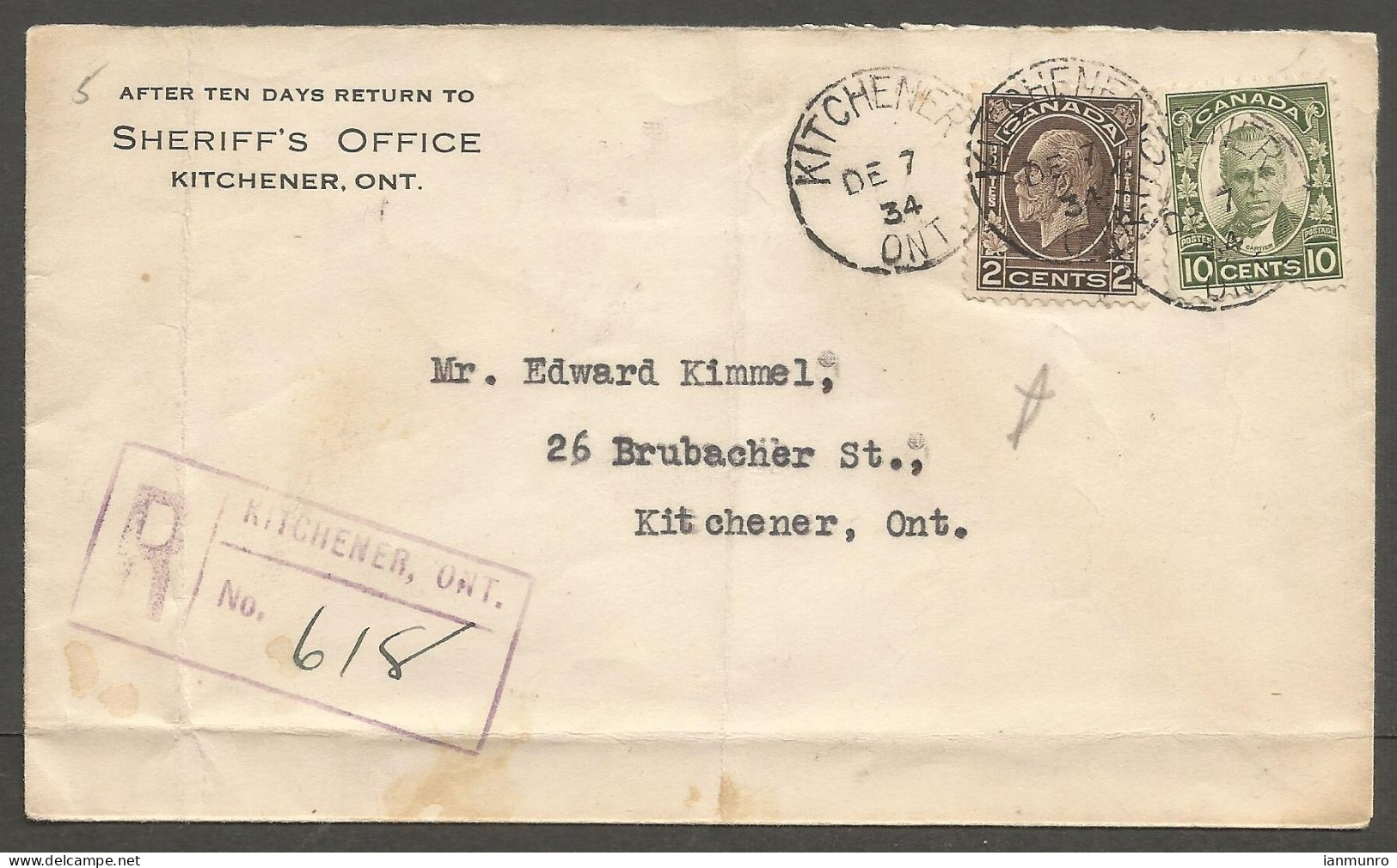 1934 Sheriffs Office Registered Cover 12c Medallion/Cartier CDS Kitchener Ontario - Postgeschichte
