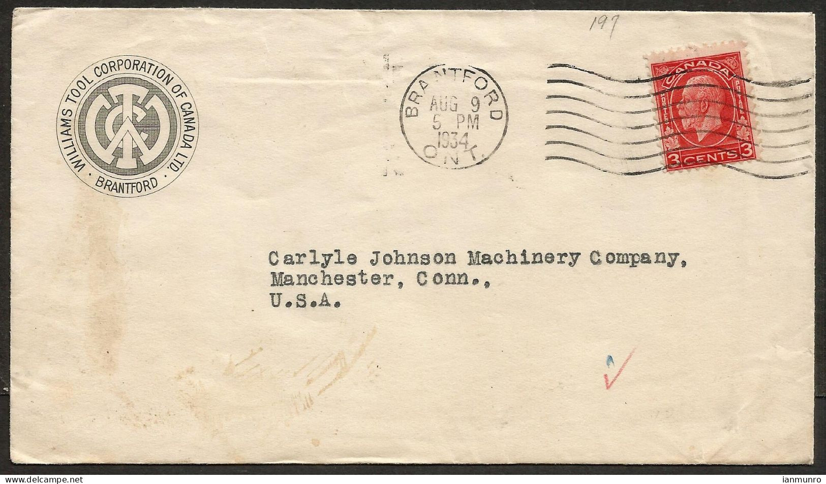 1934 Williams Tool Corp Advertising Cover 3c Medallion Brantford Ontario - Histoire Postale