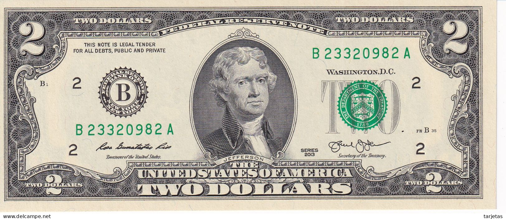 BILLETE DE ESTADOS UNIDOS DE 2 DOLLARS DEL AÑO 2013 LETRA B - NEW YORK SIN CIRCULAR (UNC)  (BANK NOTE) - Billets De La Federal Reserve (1928-...)