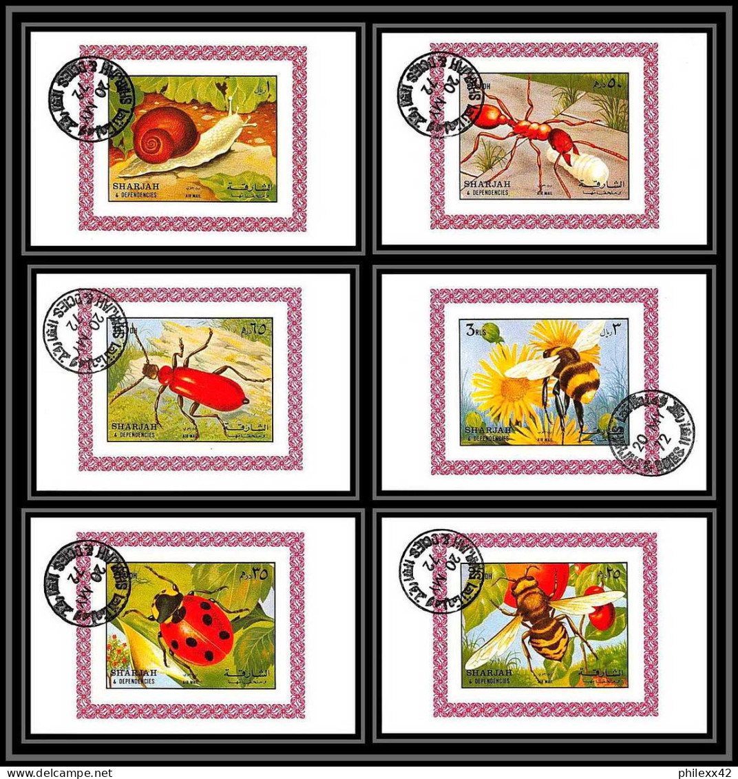 Sharjah - 2038/ N° 1204/1209 Invertabrates Wasp Guepe Bee Abeille Ladybird Snail Ant Bumblebee Deluxe Blocs Used  - Abeilles