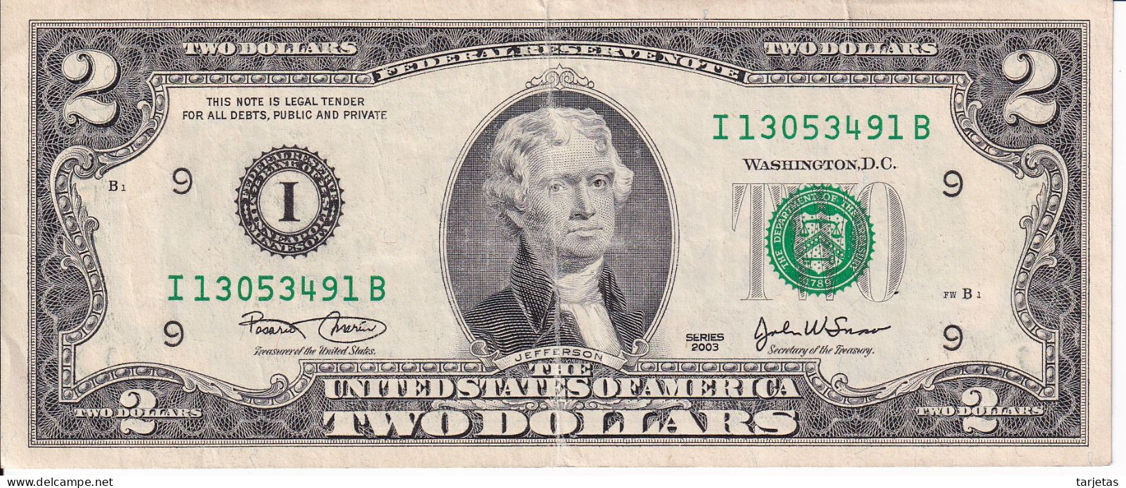 BILLETE DE ESTADOS UNIDOS DE 2 DOLLARS DEL AÑO 2003 LETRA I - MINNEAPOLIS  (BANK NOTE) - Billetes De La Reserva Federal (1928-...)